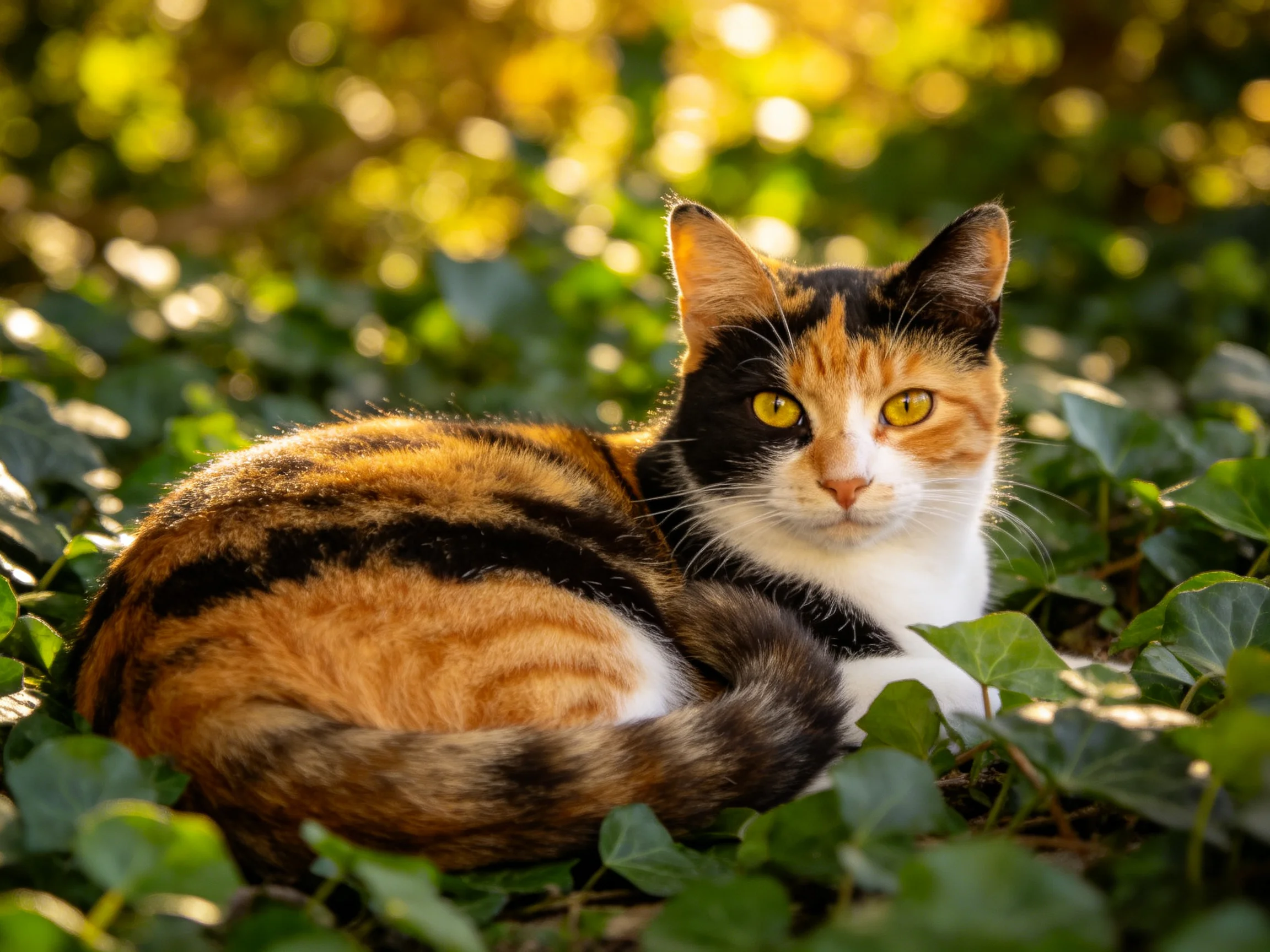 A calico cat relaxes among greenery in a sunlit outdoor setting.