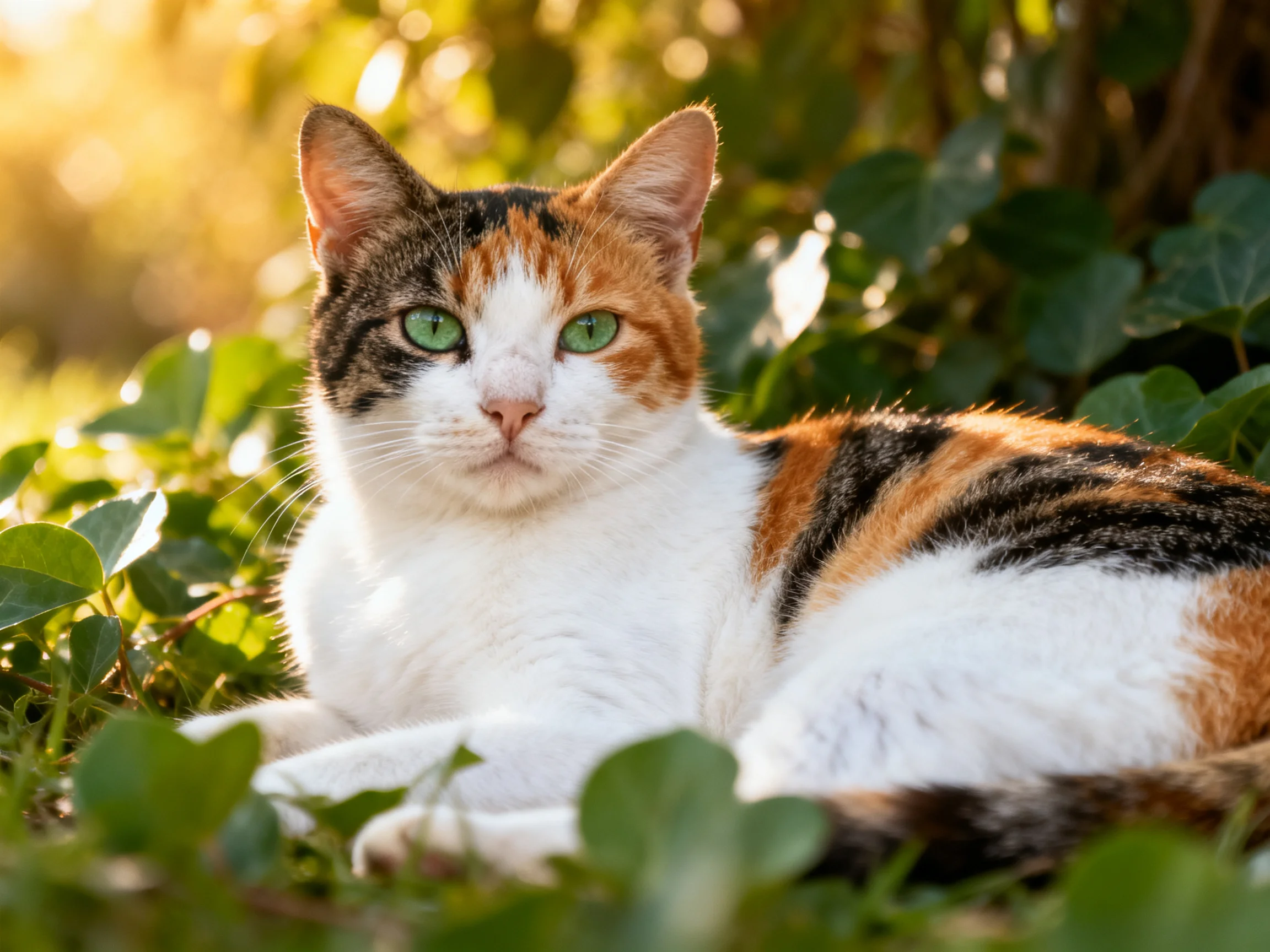 A calico cat relaxes in a sunlit area surrounded by green plants.