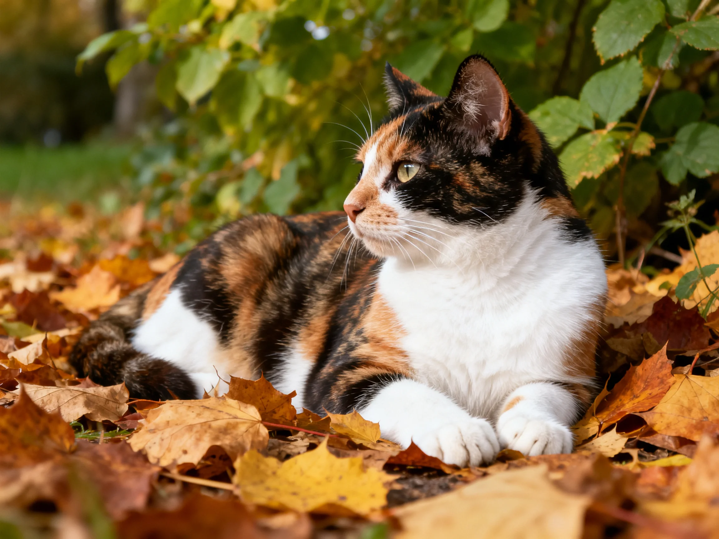 A calico cat lies among autumn leaves in a sunlit outdoor setting