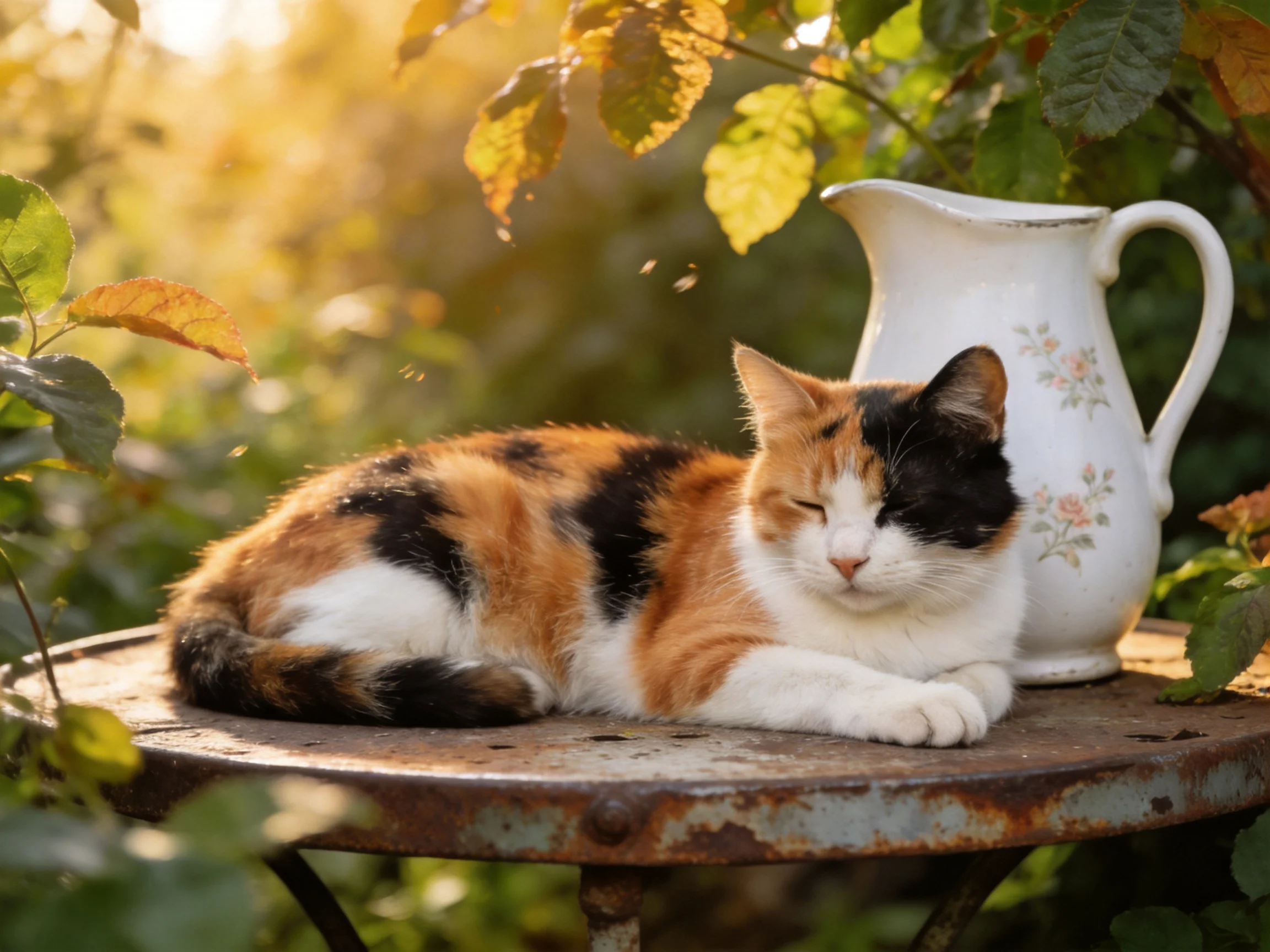 A calico cat relaxes next to a white pitcher on a rustic garden table.