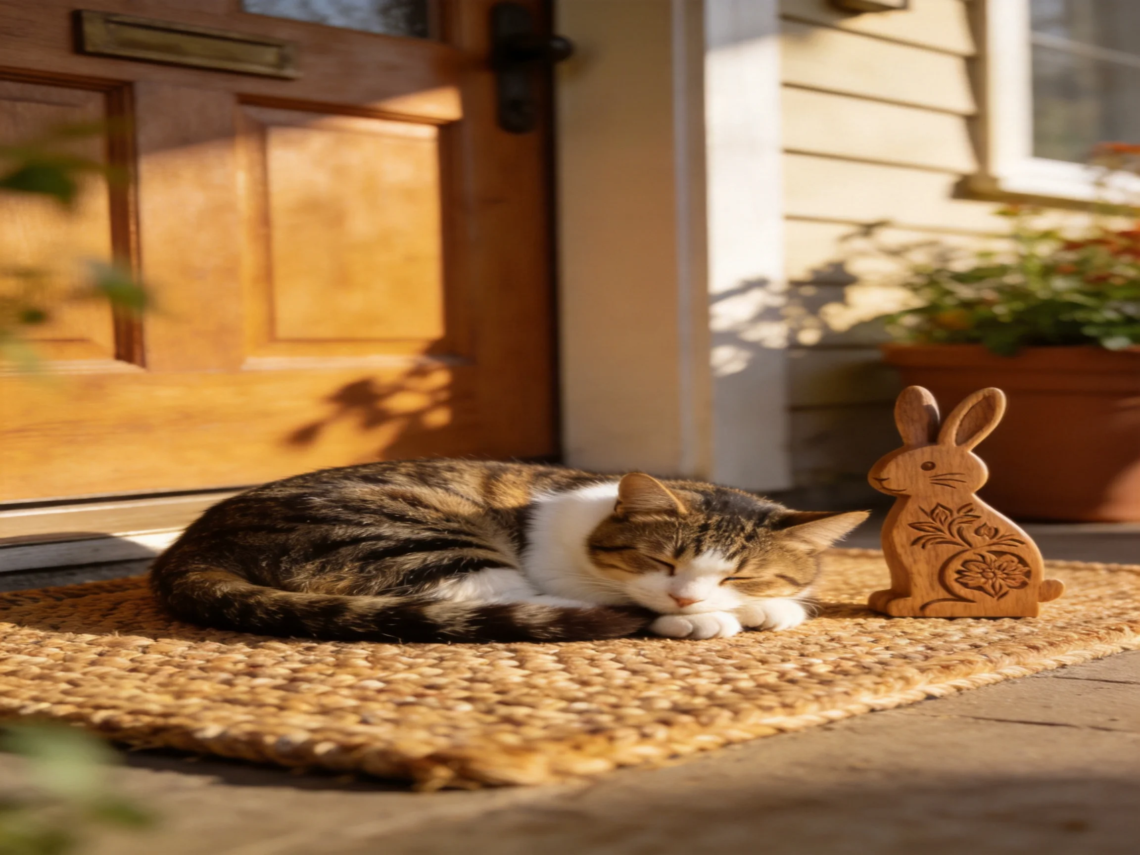 A calico cat sleeps next to a wooden bunny on a doormat outside a house.