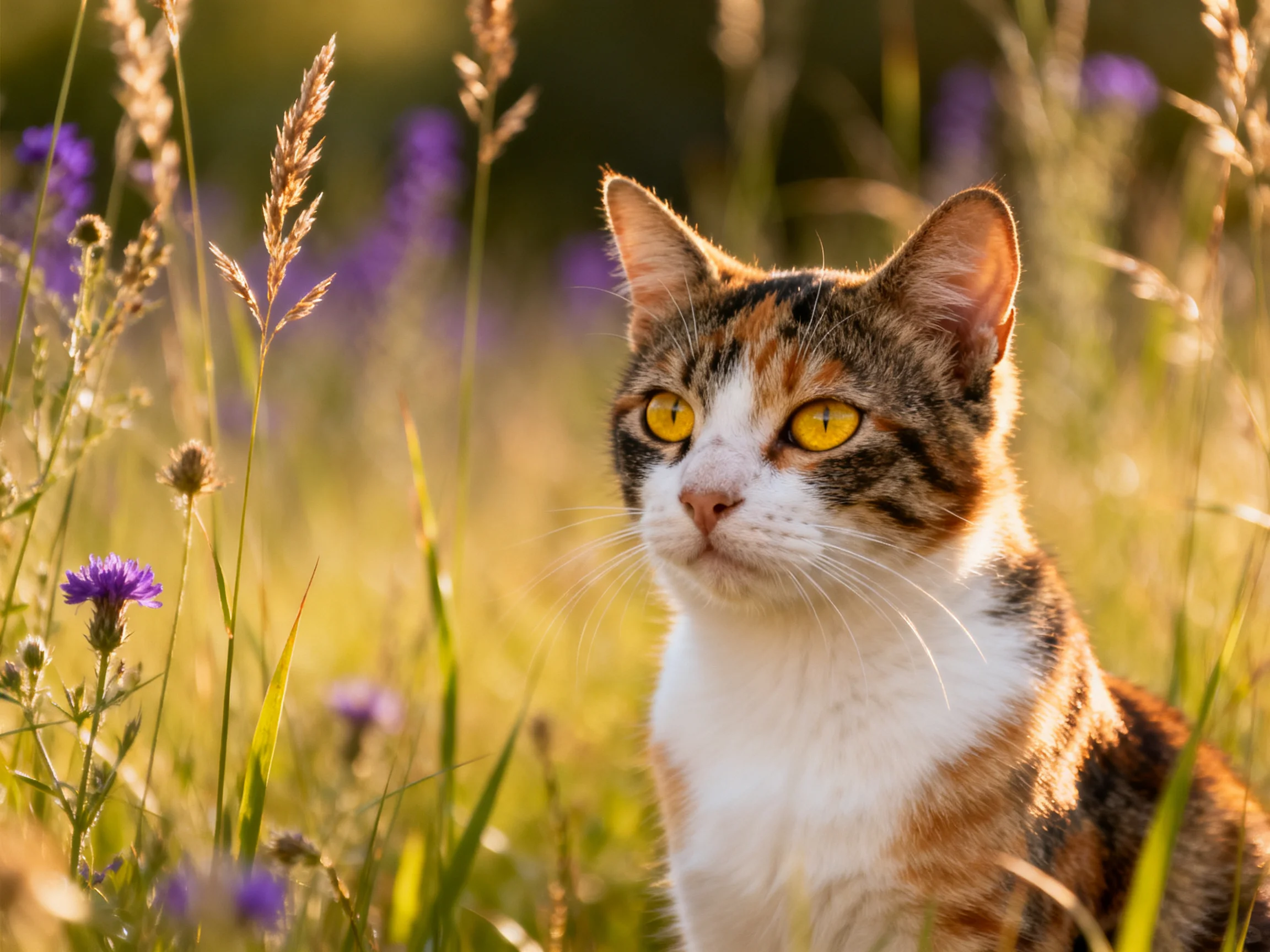A calico cat rests in a sun-drenched meadow with tall grasses and purple flowers