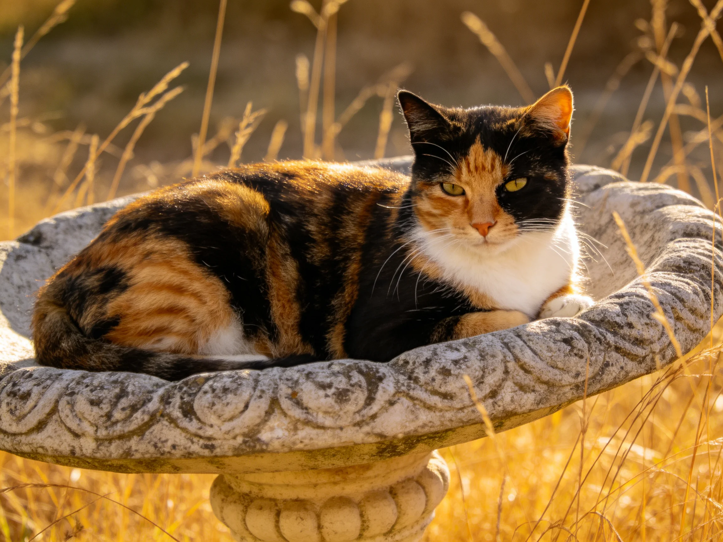 A calico cat relaxes in a stone birdbath surrounded by golden grass.