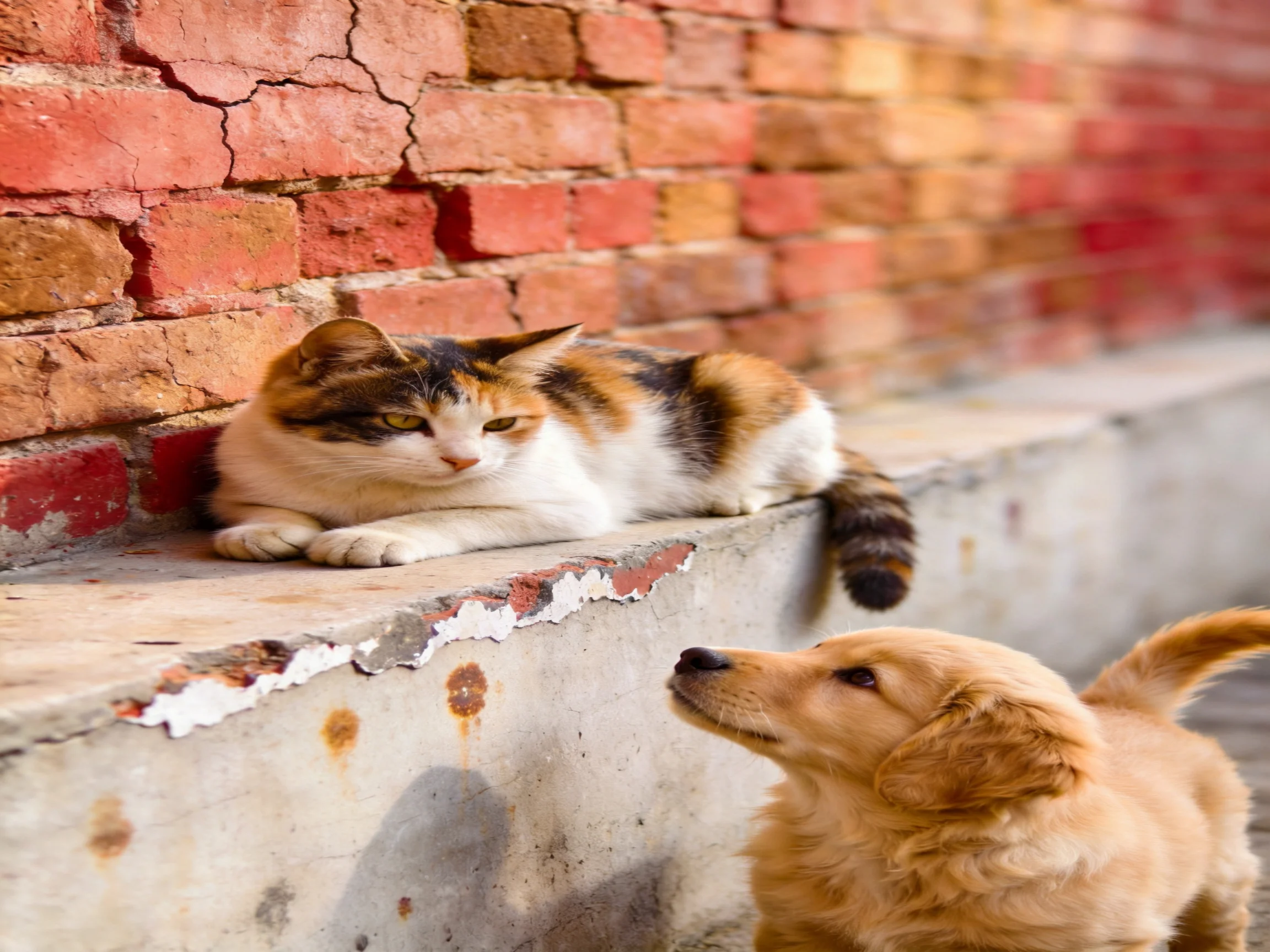 A calico cat relaxes beside a golden puppy next to an aged brick wall.