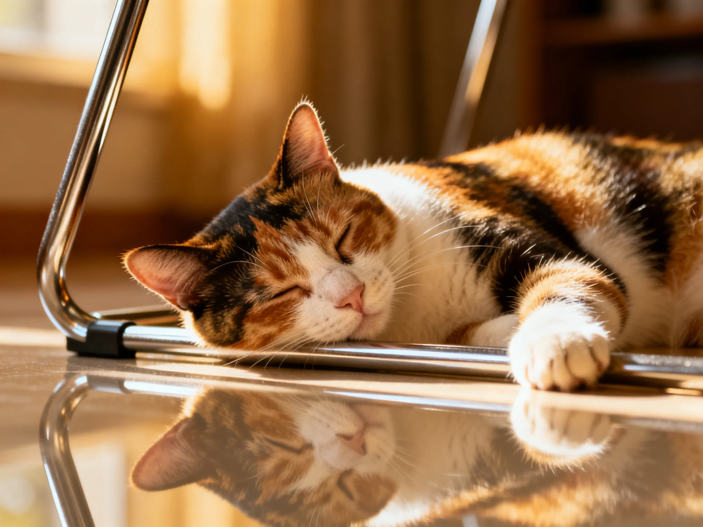 A calico cat rests near a metallic chair frame under golden sunlight