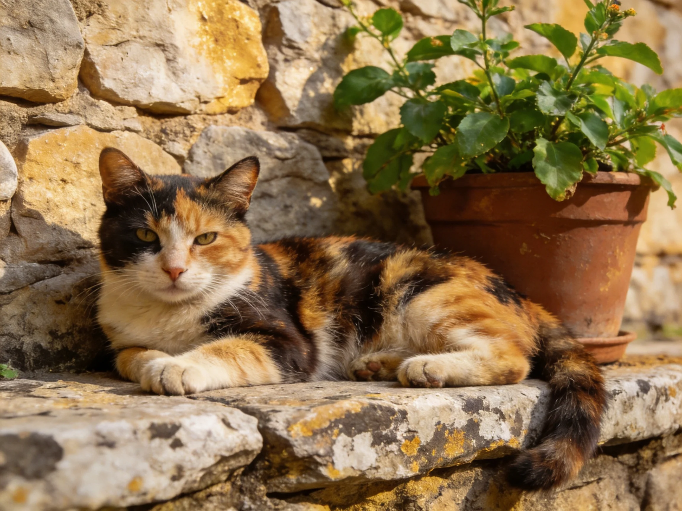 A calico cat rests near a terracotta pot by an aged stone wall