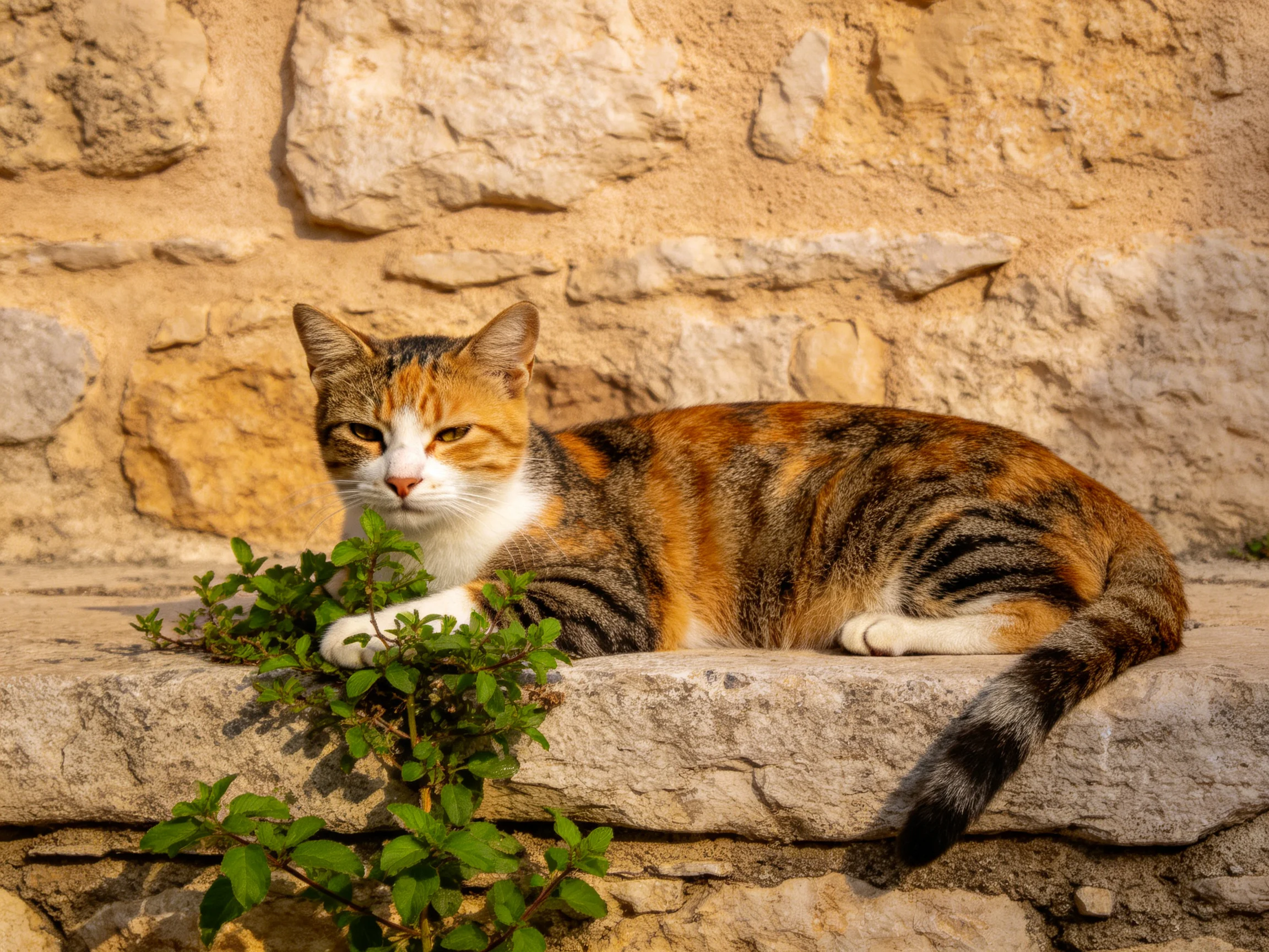 A calico cat relaxes beside greenery next to a weathered stone wall.