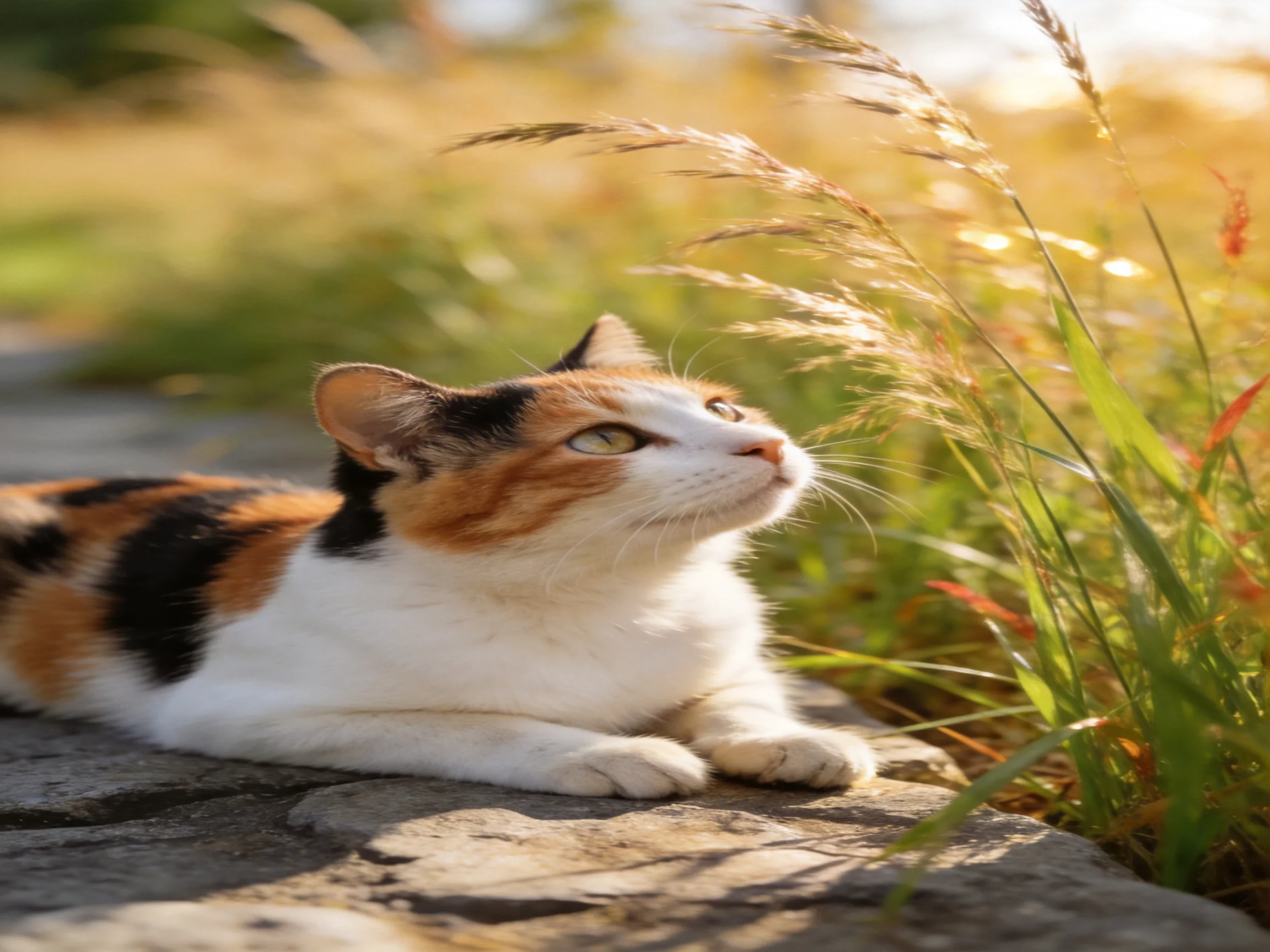 A calico cat rests near tall golden grasses on a stone path