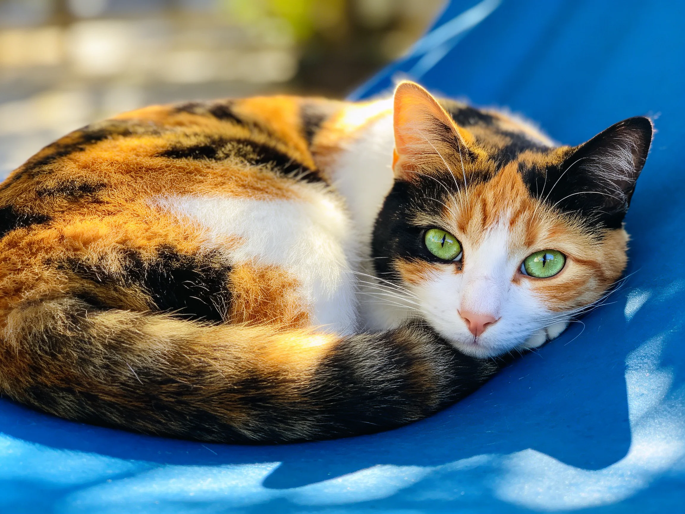 A calico cat relaxes on a vibrant blue surface under sunlight.