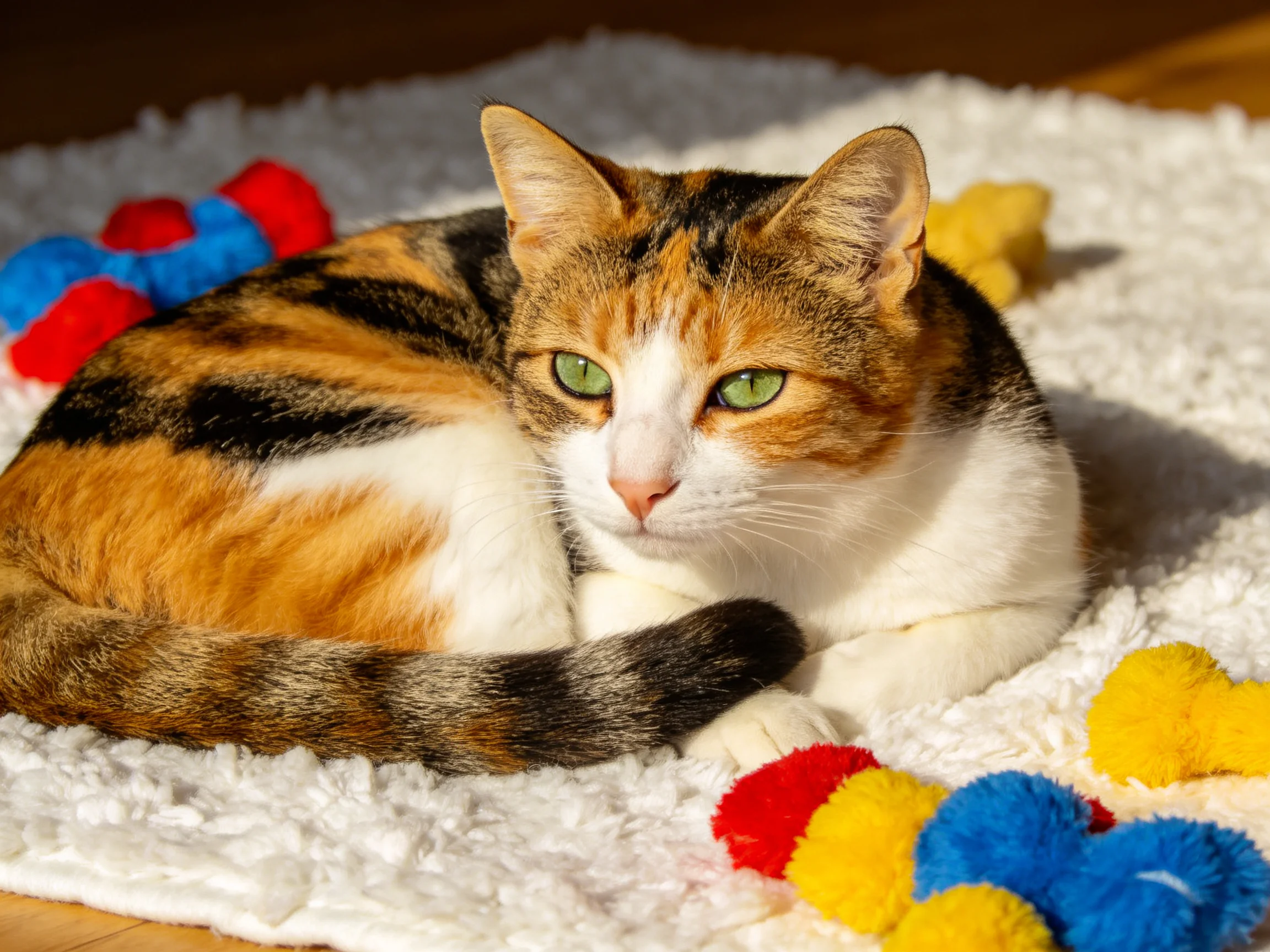 A calico cat rests on a white rug with colorful toys.