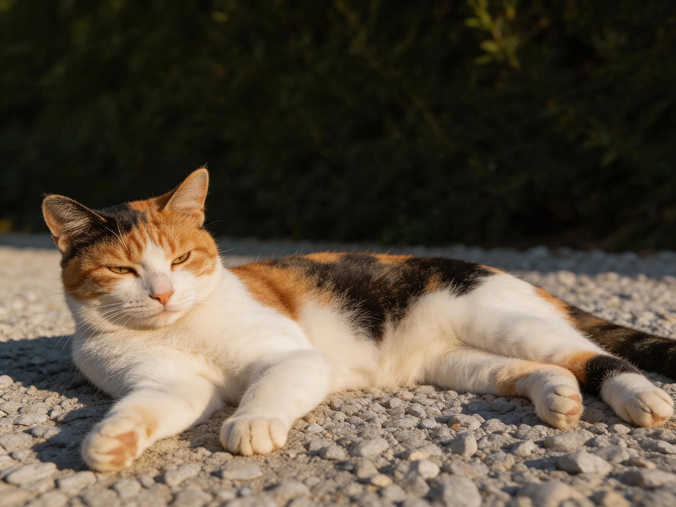 A calico cat relaxes on a gravel path outdoors.
