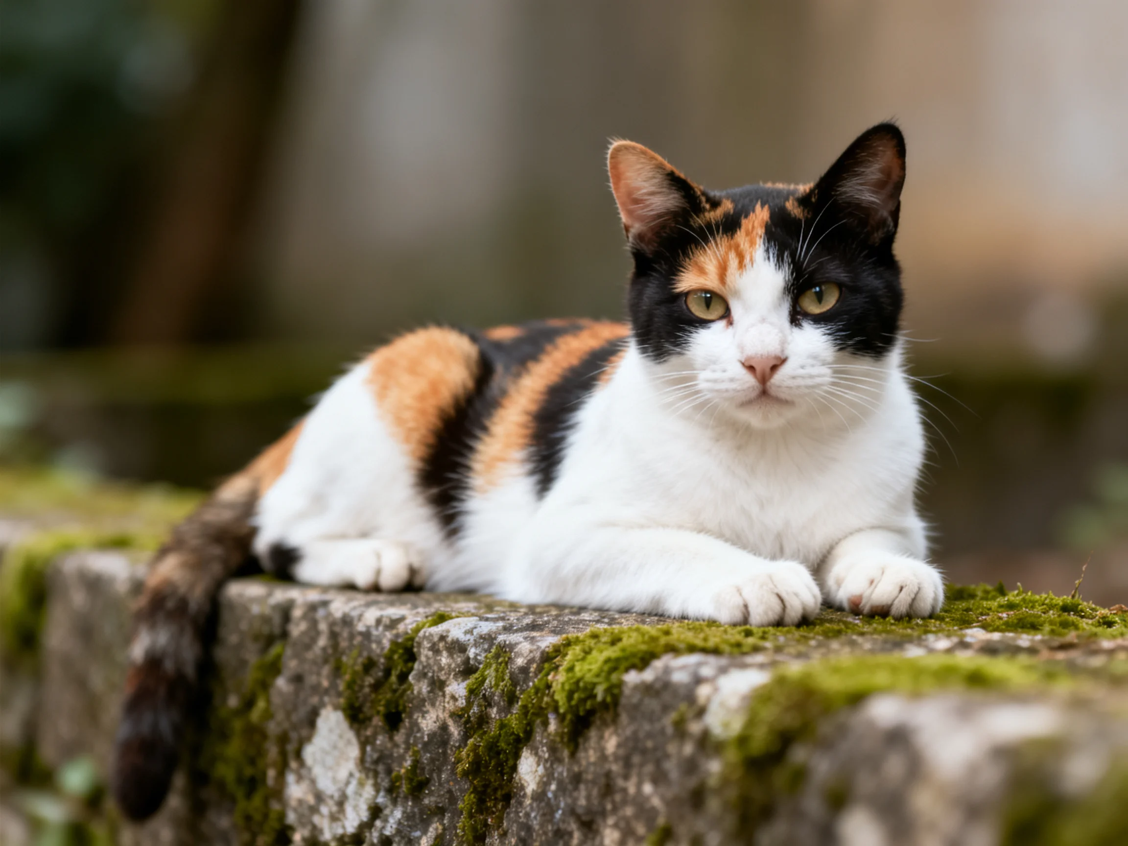 A calico cat lies calmly on a mossy stone ledge in an outdoor setting.