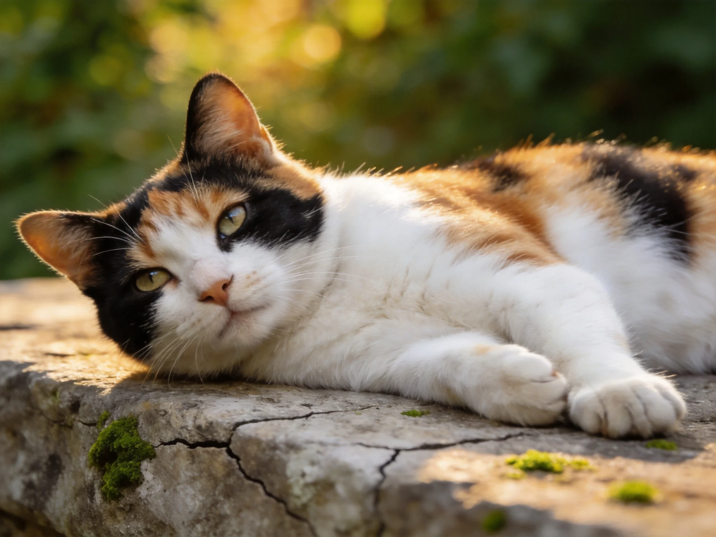 A calico cat rests on a moss-speckled stone ledge in warm sunlight