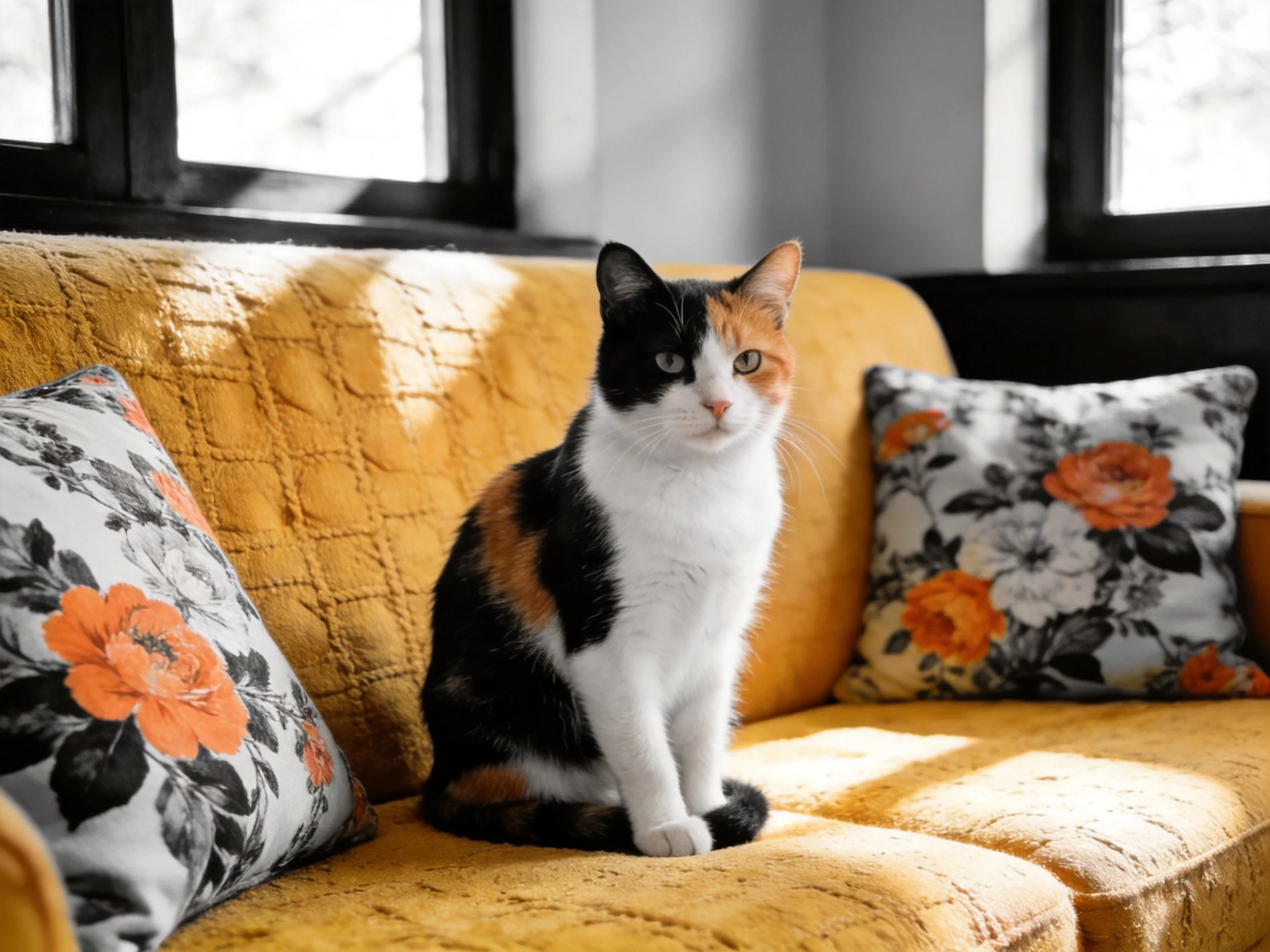 A calico cat sits on a mustard-yellow sofa beside floral pillows.