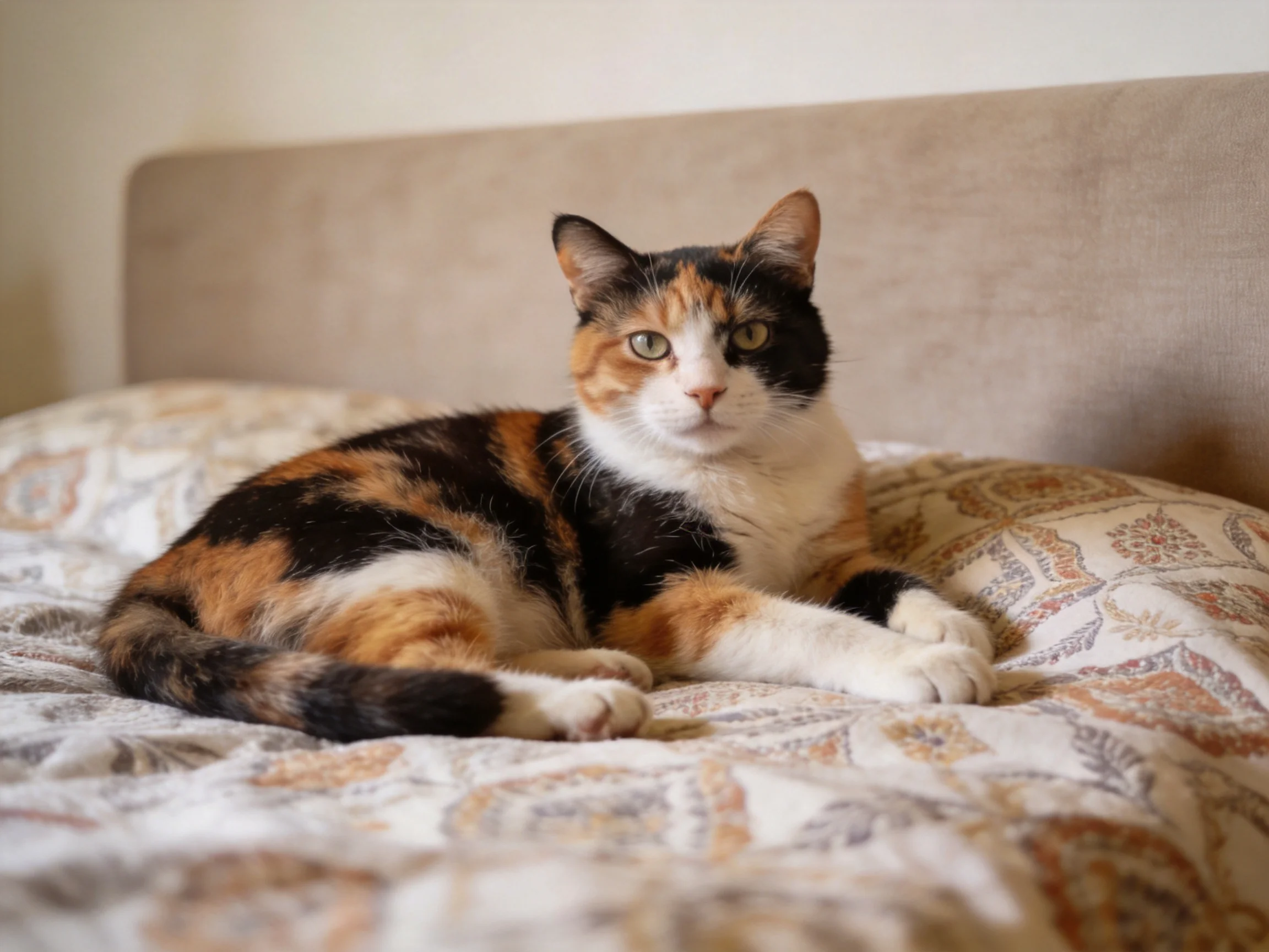 A calico cat rests on a patterned bedspread beside a beige headboard