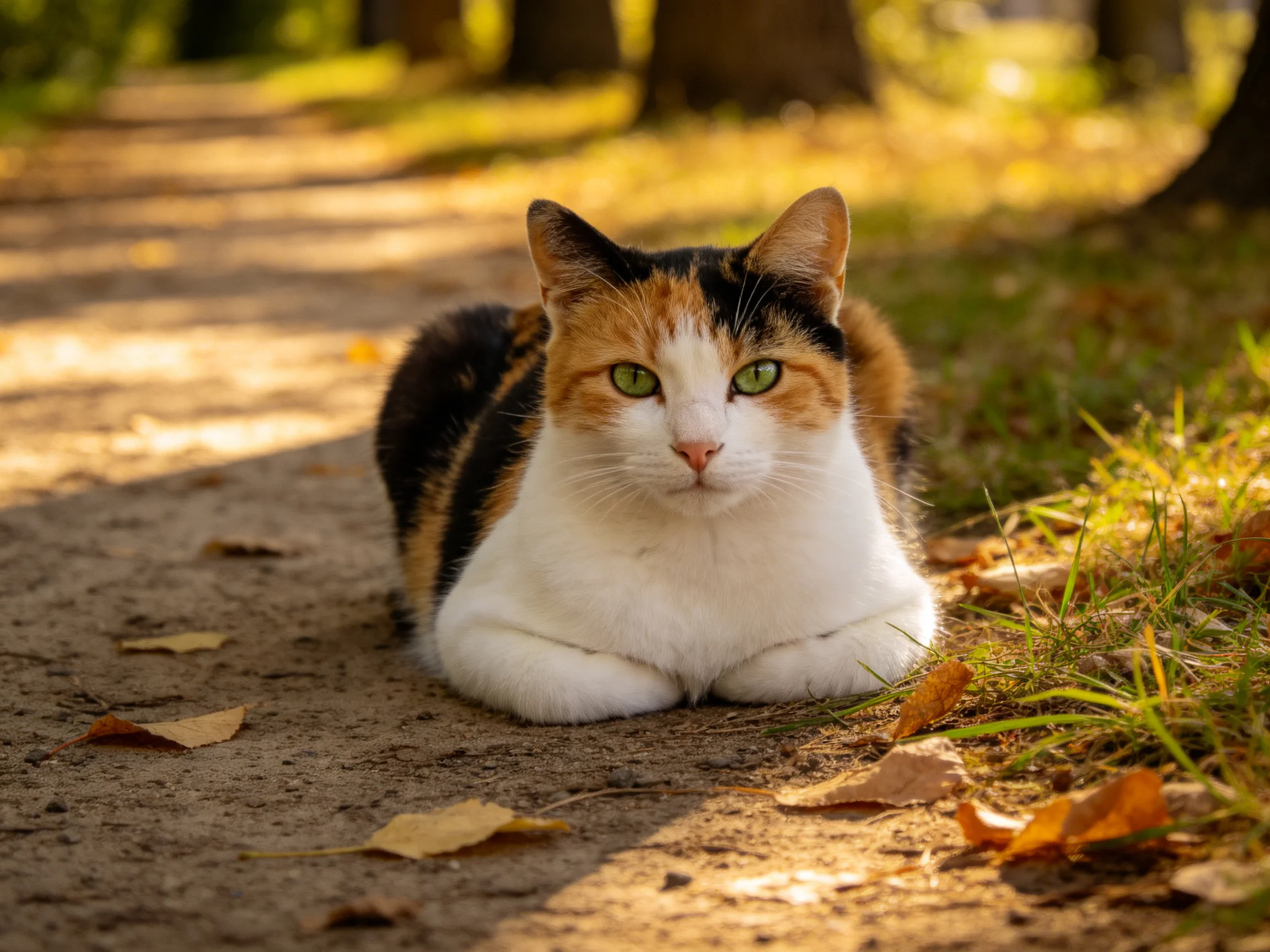 A calico cat rests on a sunlit dirt path amid fallen leaves