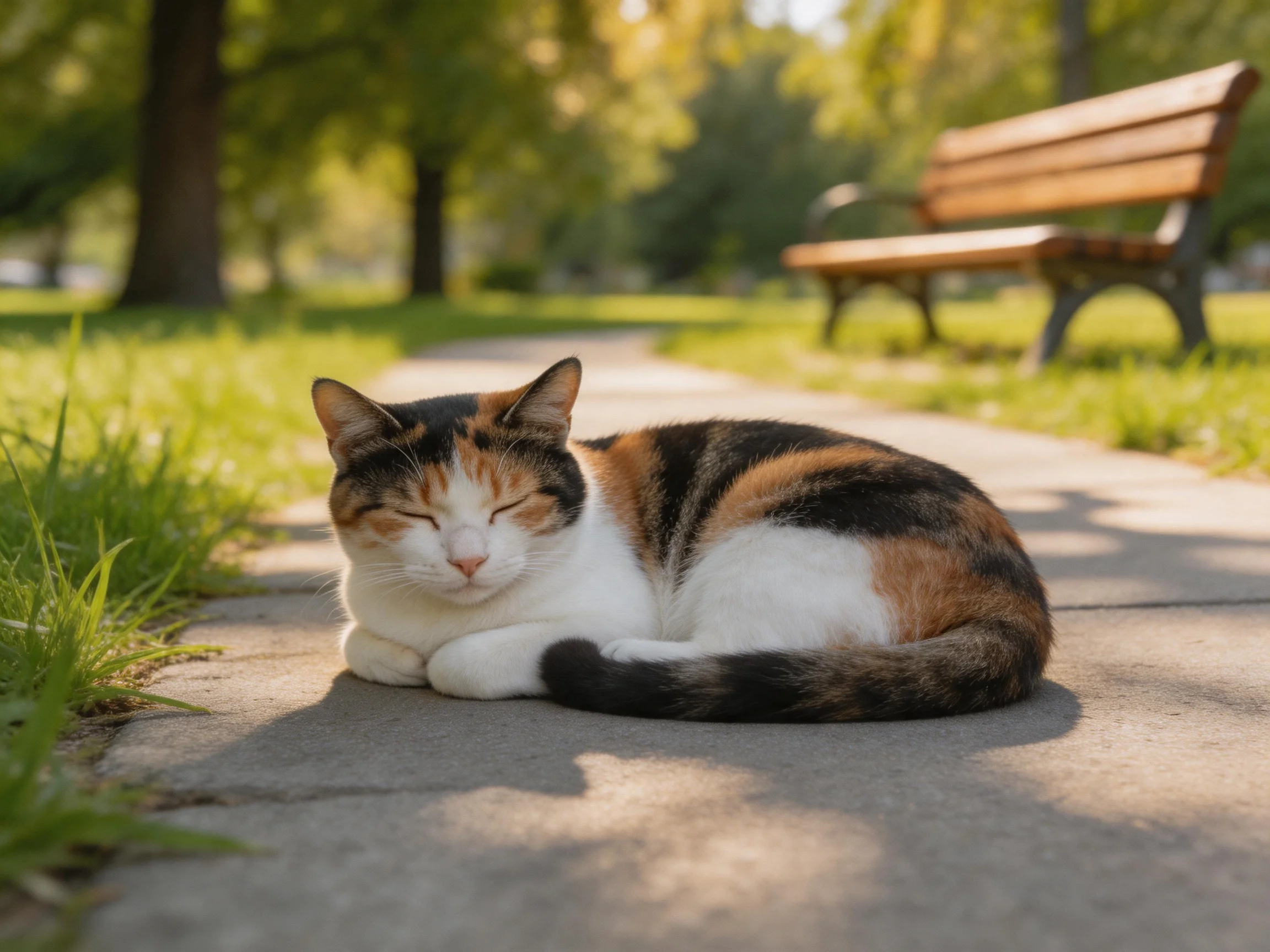 A calico cat rests on a sunlit park path near a wooden bench