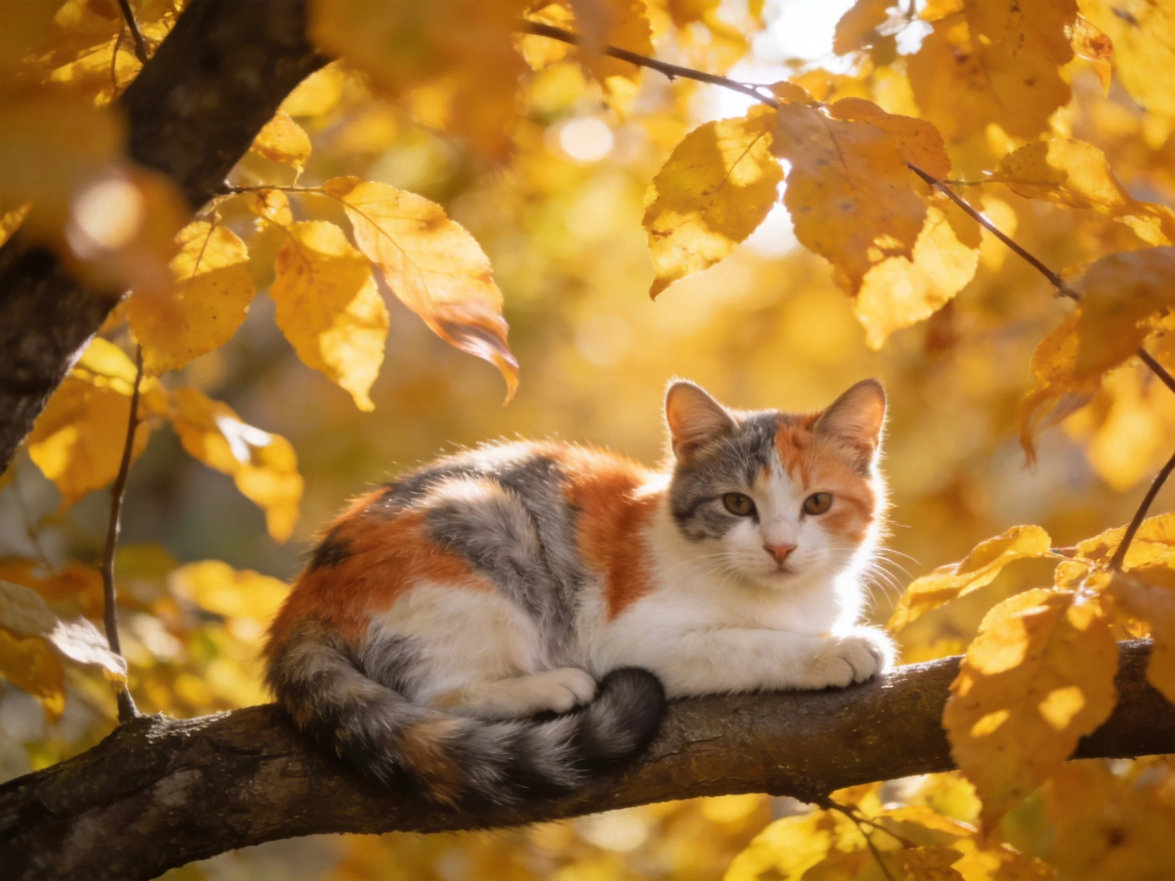 A calico cat relaxes on a tree branch surrounded by golden autumn leaves