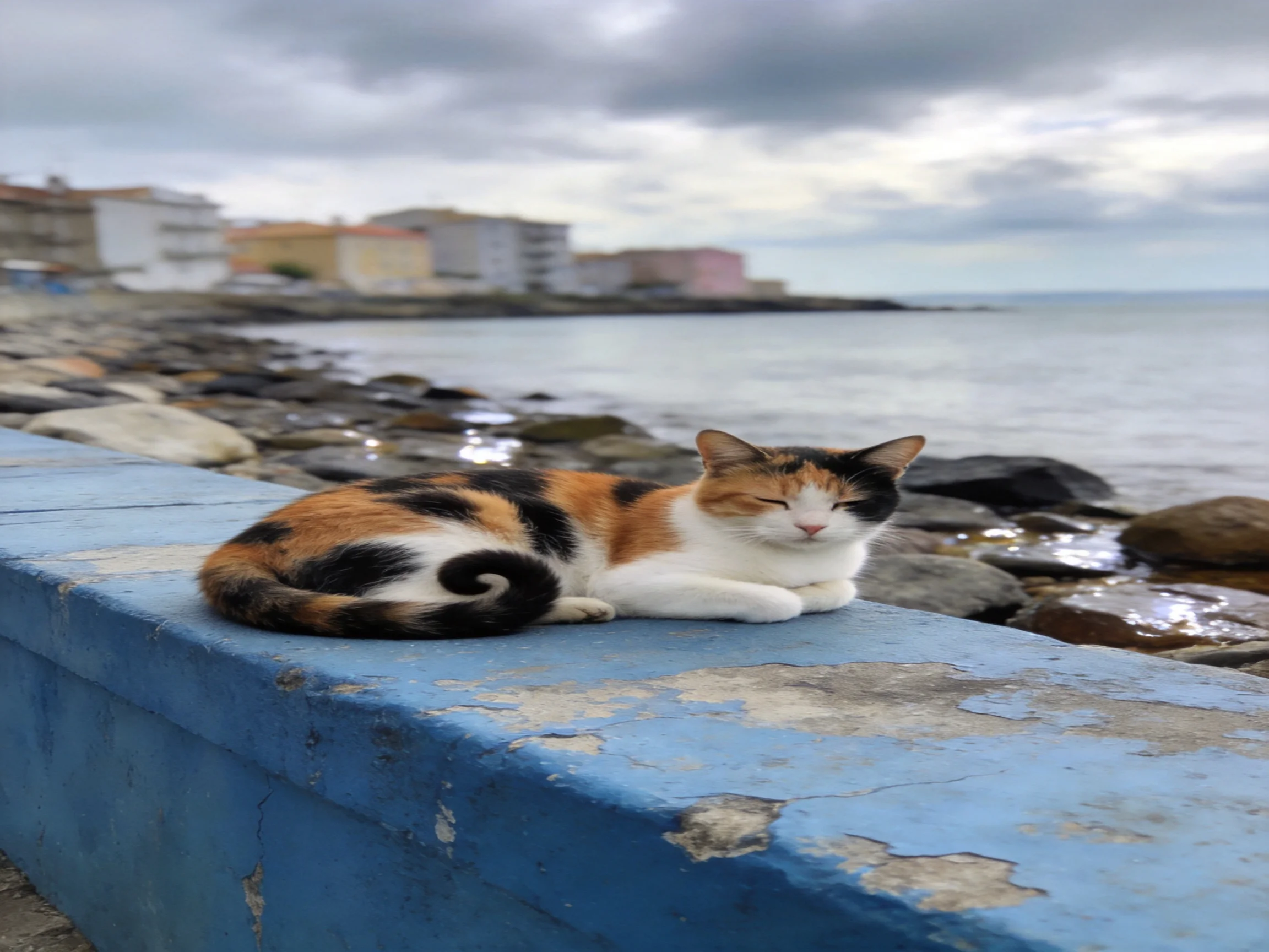 A calico cat rests on a weathered blue ledge by the rocky shore