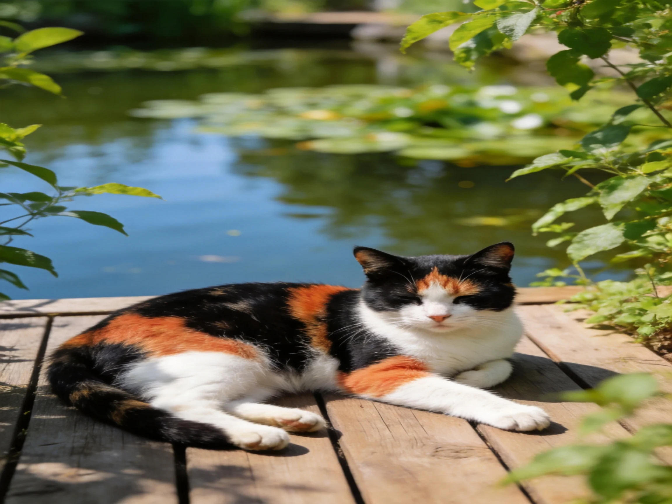 A calico cat rests on a wooden deck by a serene pond