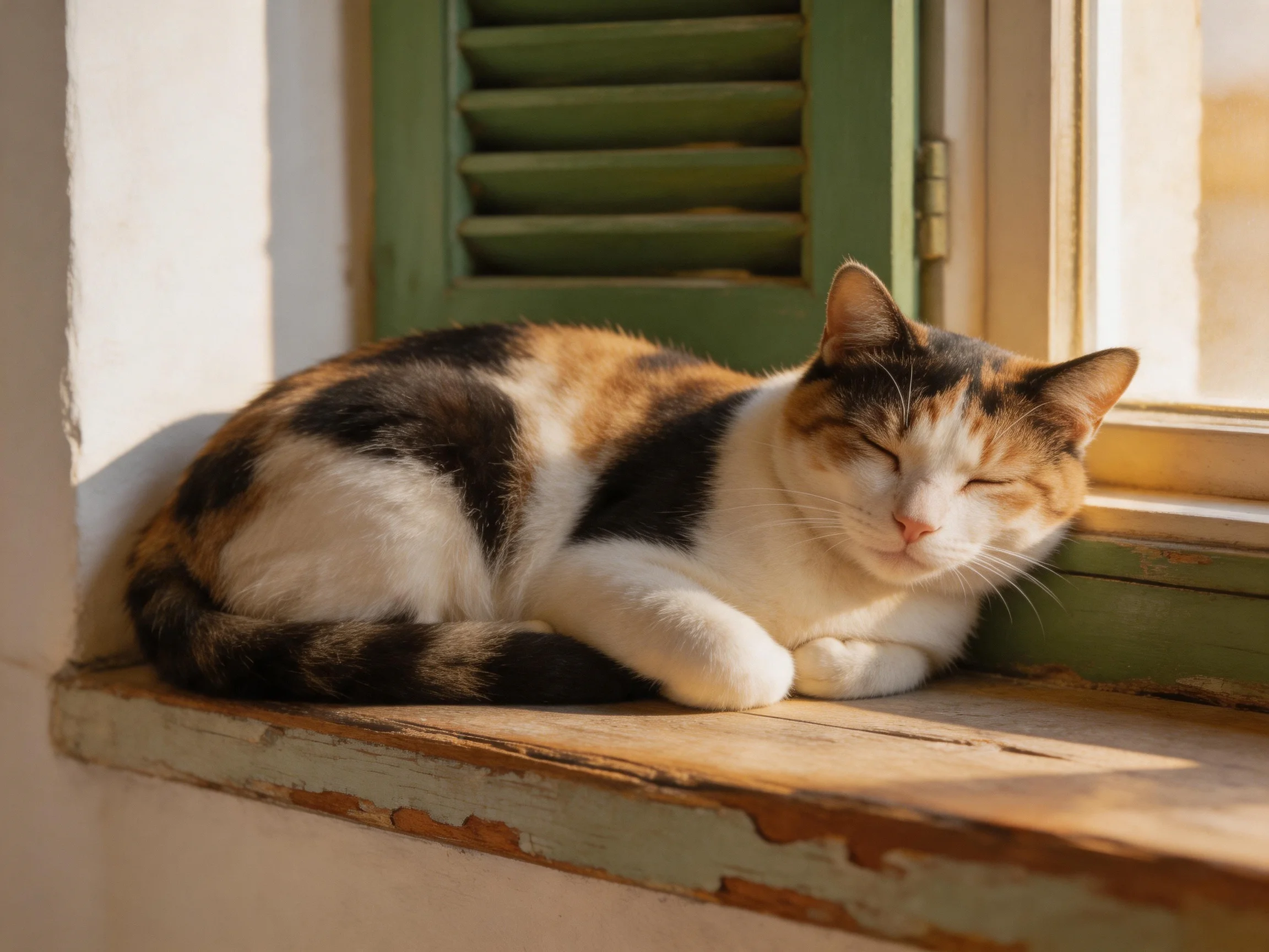 A calico cat rests on an aged wooden windowsill near green shutters