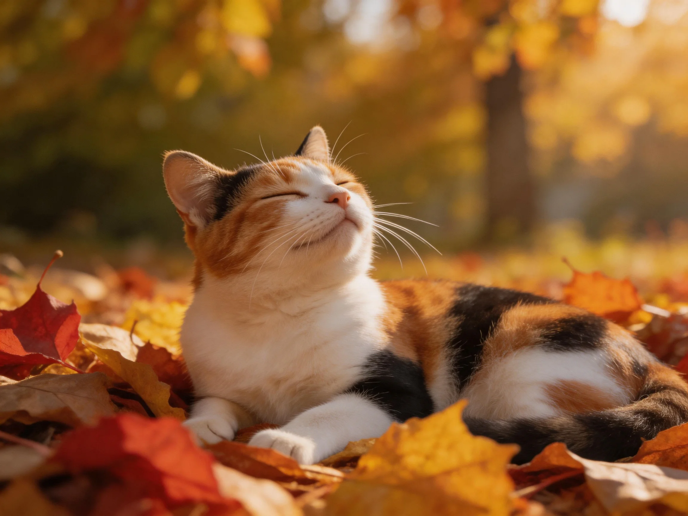 A calico cat rests on autumn leaves amid golden sunlight