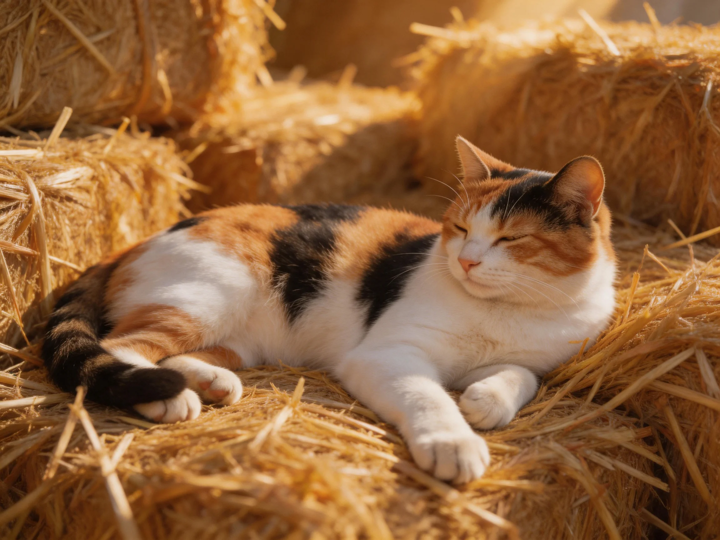 A calico cat relaxes on golden straw bales in bright sunlight.