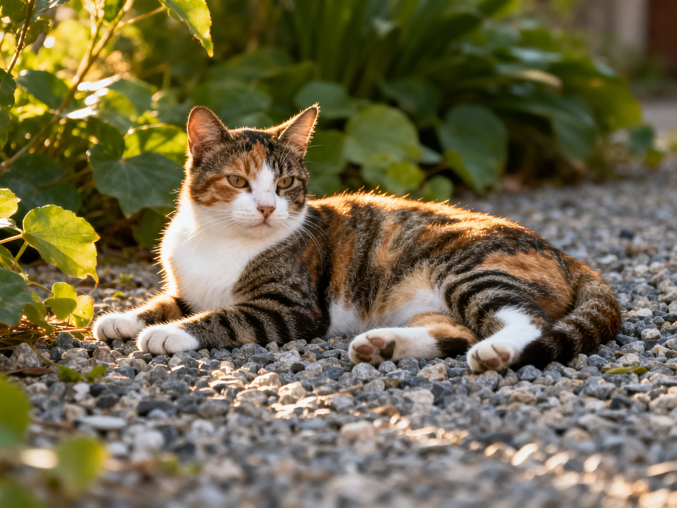 A calico cat rests on gravel near lush green foliage