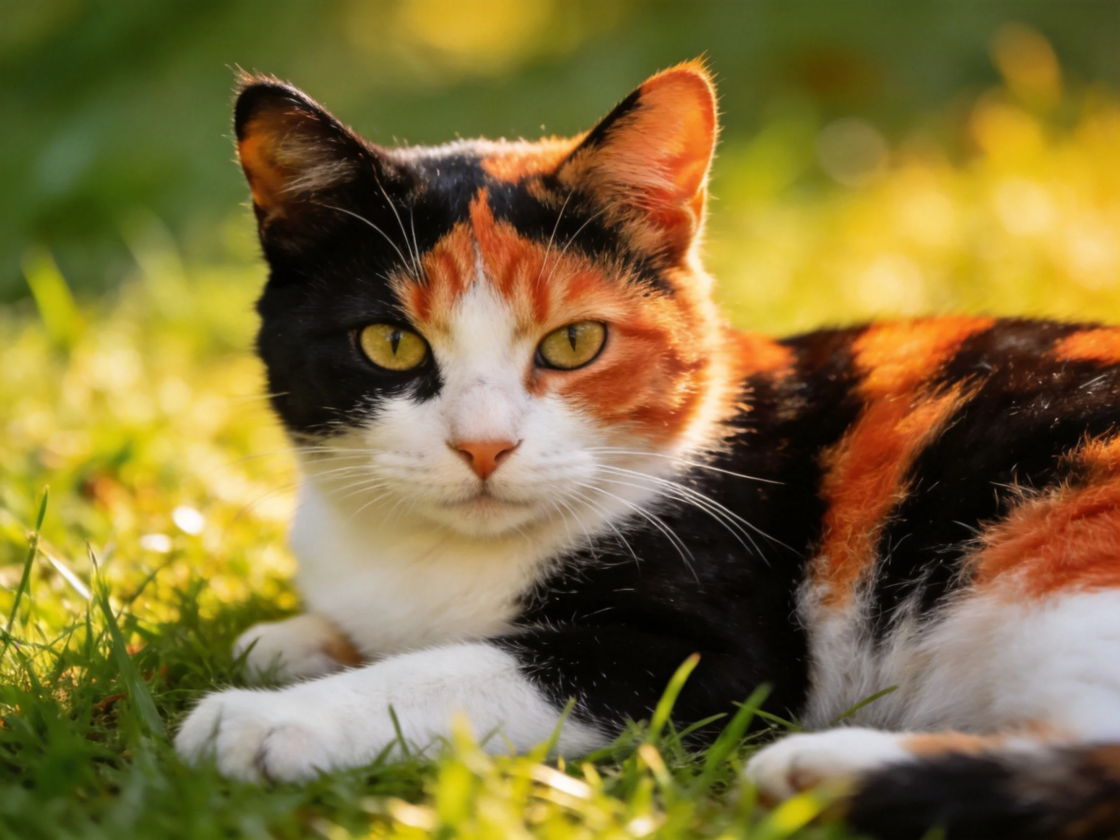 A calico cat relaxes on sunlit grass in a bright outdoor setting.