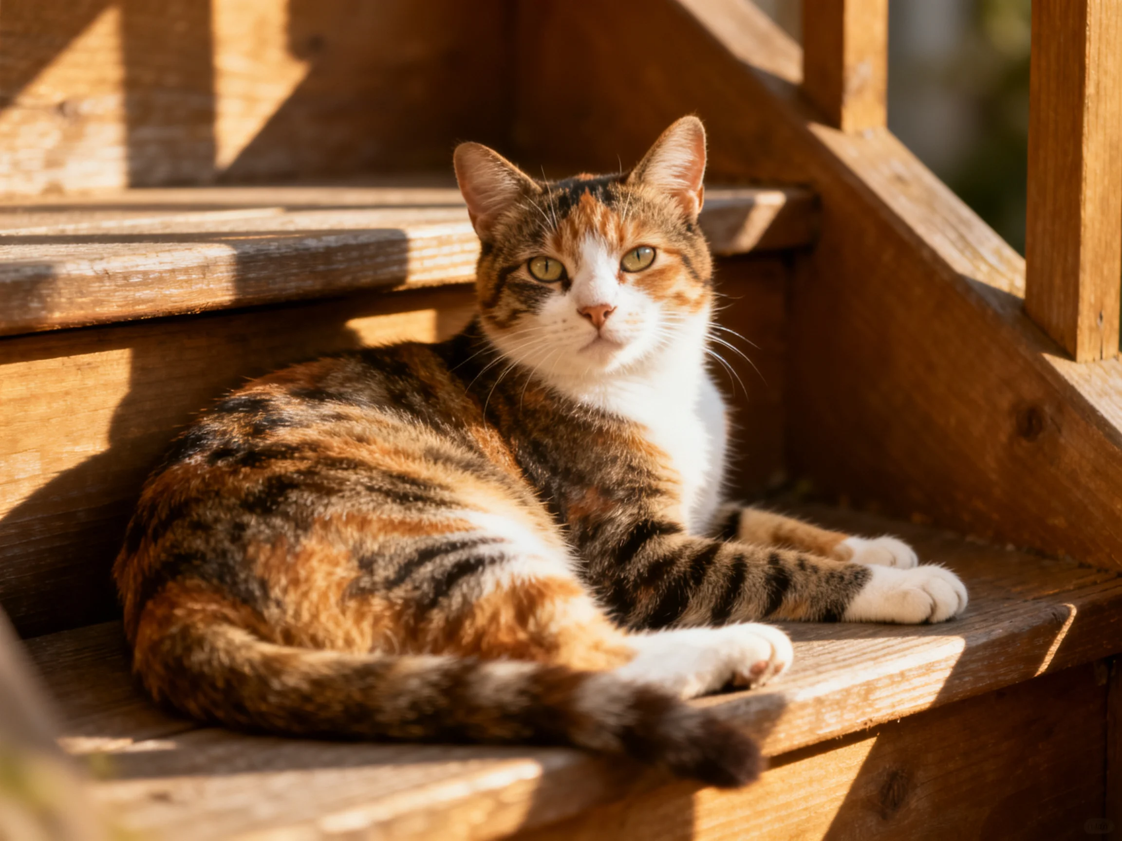 A calico cat relaxes on sunlit wooden stairs in an outdoor setting.