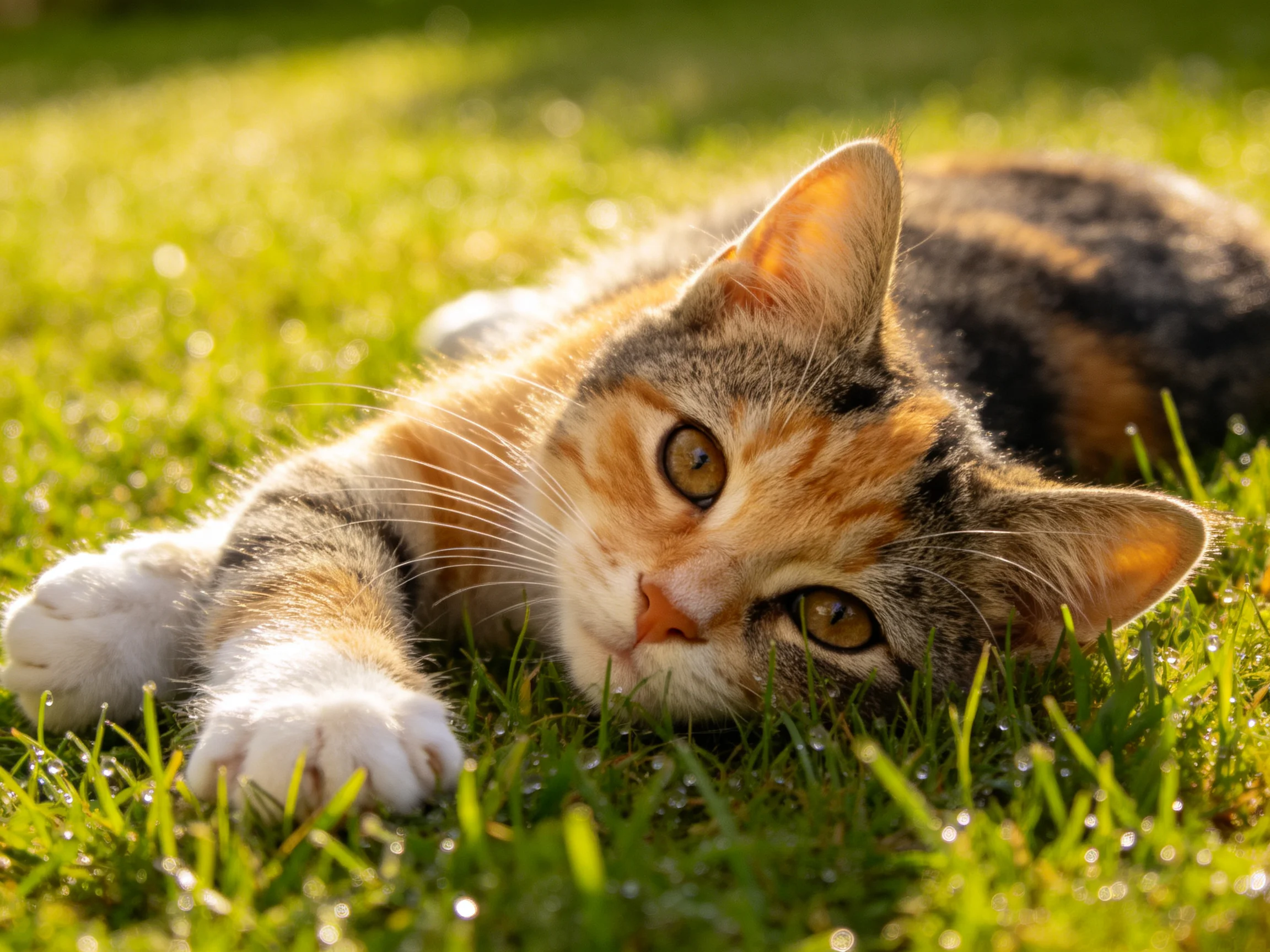 A calico cat relaxes on lush green grass in a sunlit outdoor setting.