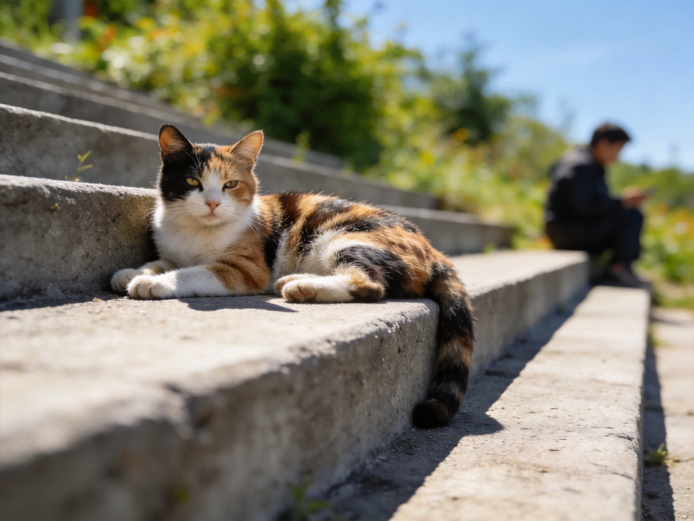 A calico cat rests on weathered concrete steps near a seated person