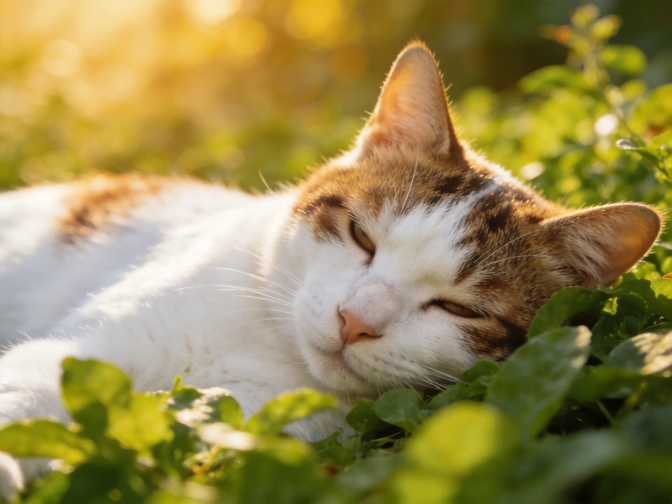 A calico cat rests peacefully amid lush green foliage in golden sunlight