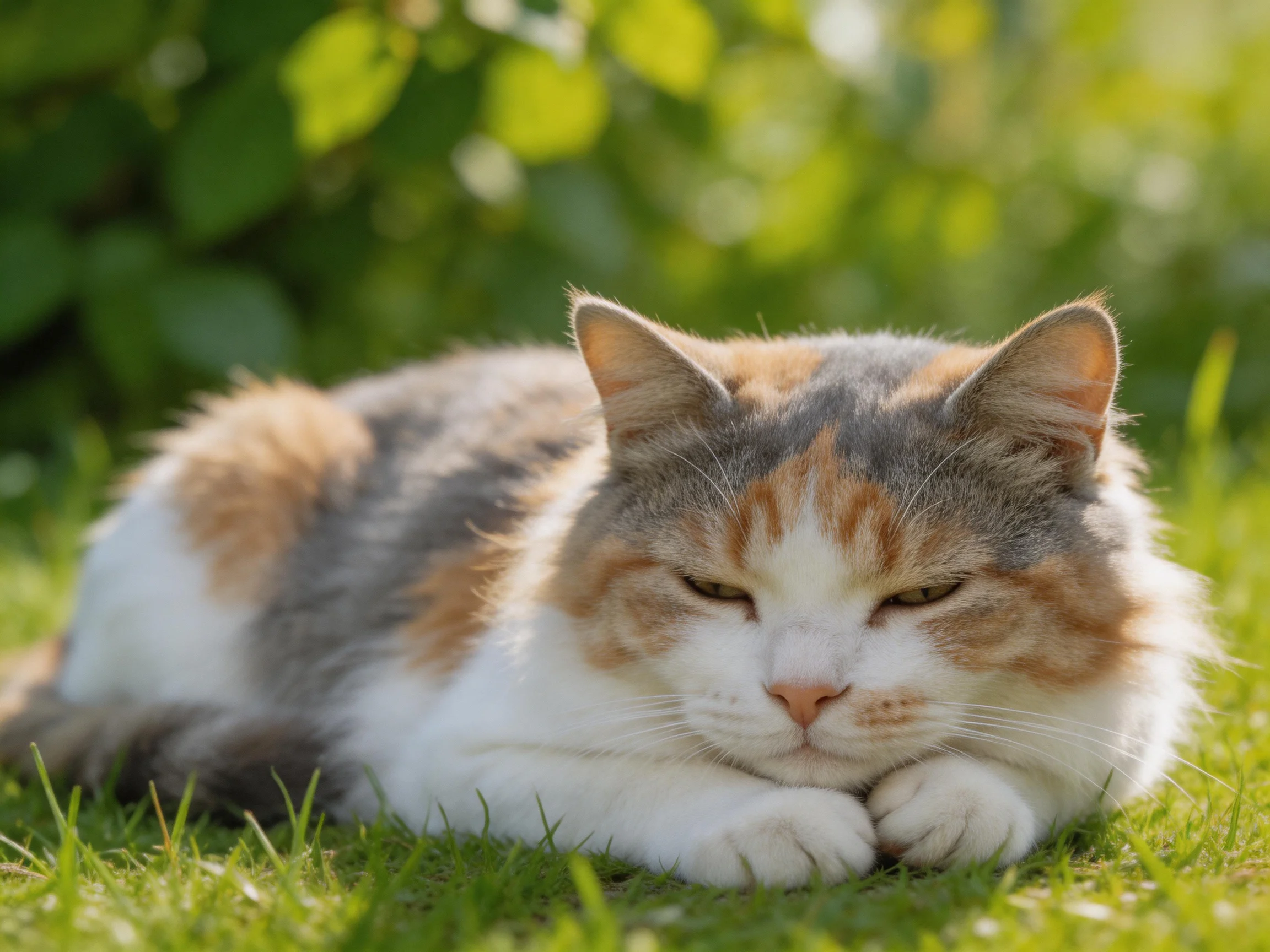 A calico cat rests peacefully on lush green grass in bright sunlight