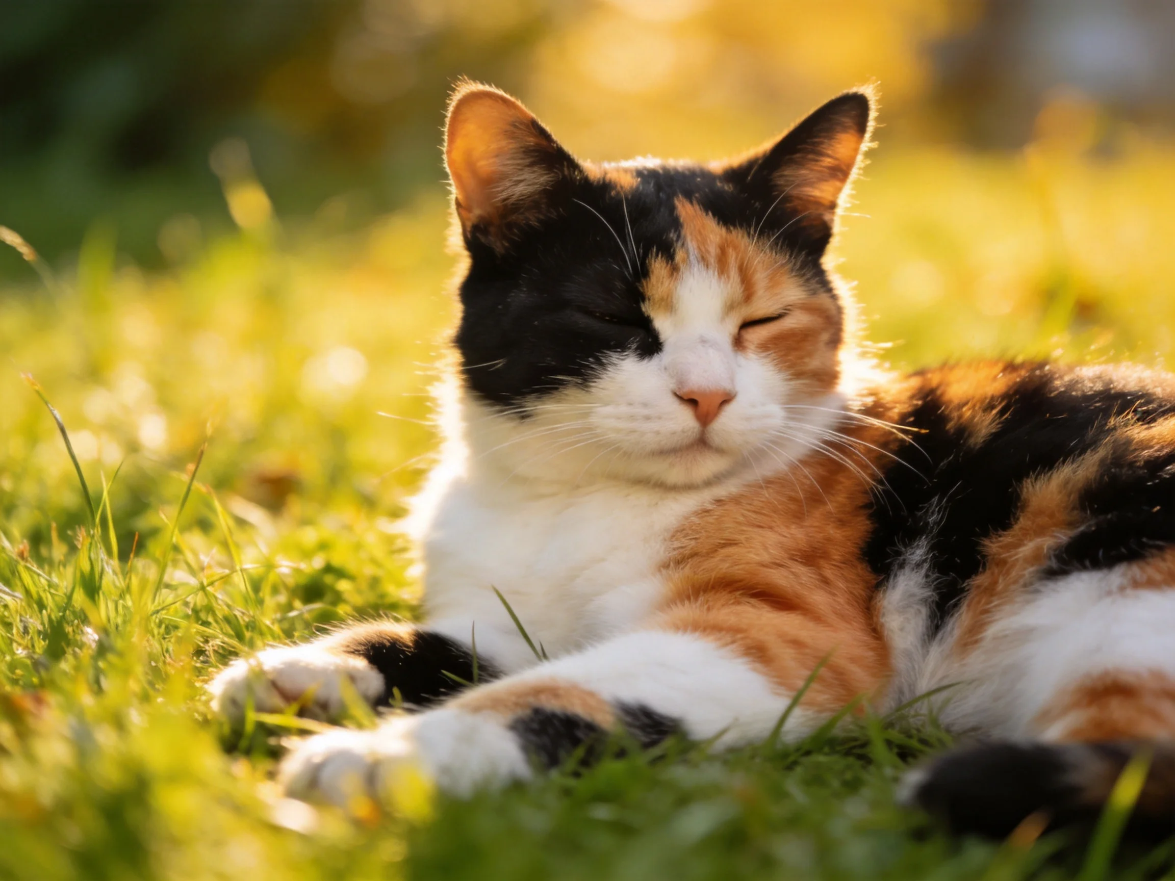 A calico cat rests peacefully on sunlit green grass