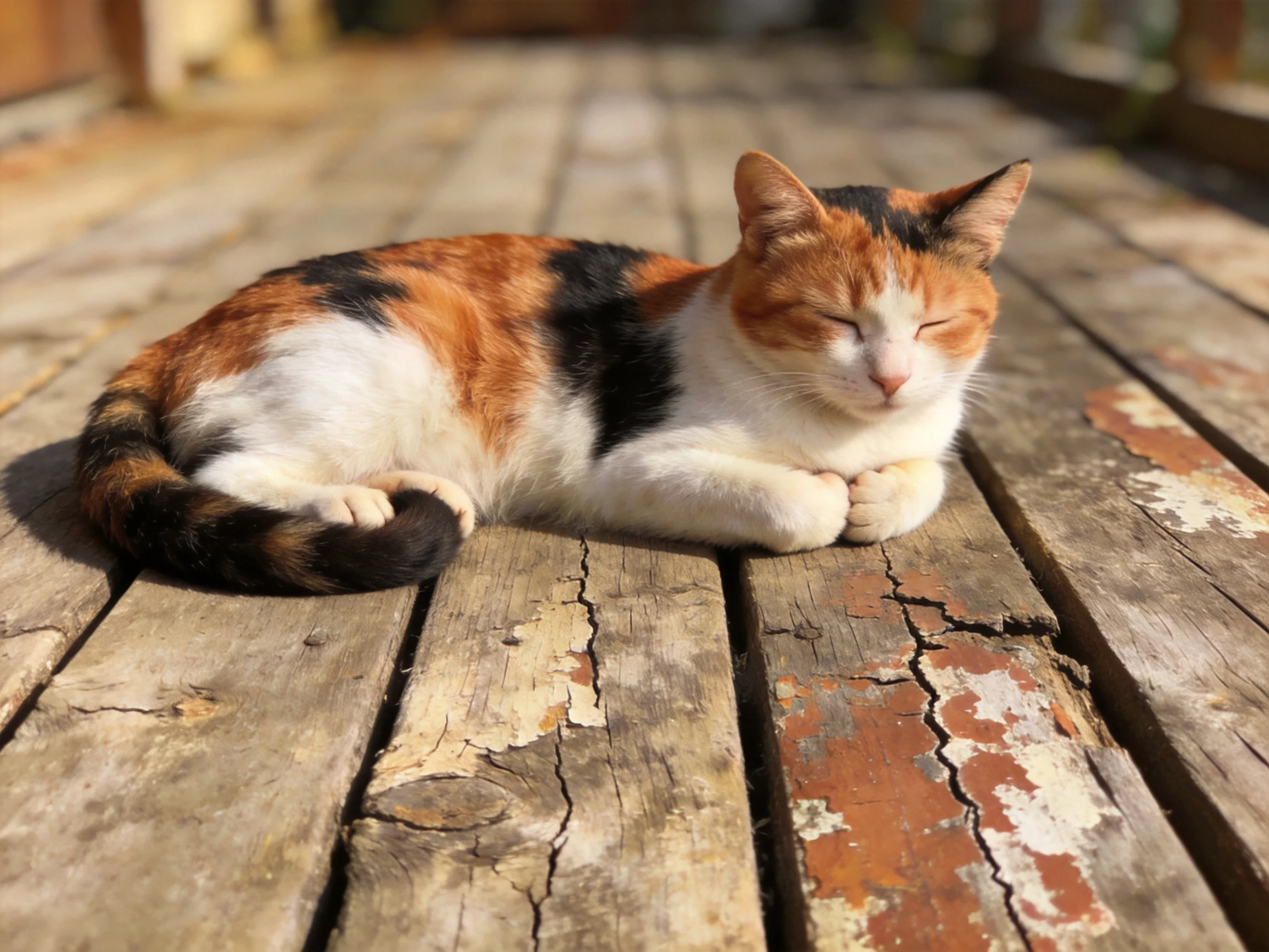 A calico cat rests peacefully on weathered wooden planks in sunlight