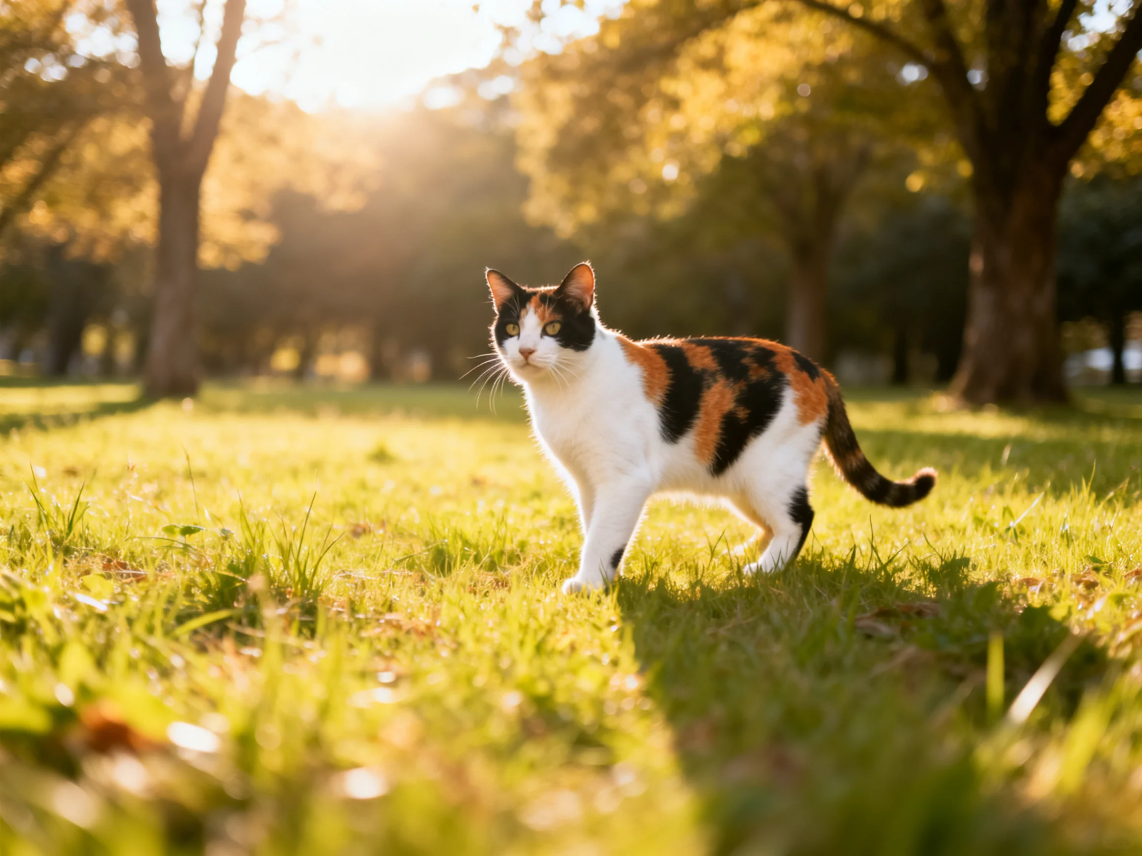 A calico cat roams a sun-drenched grassy park area