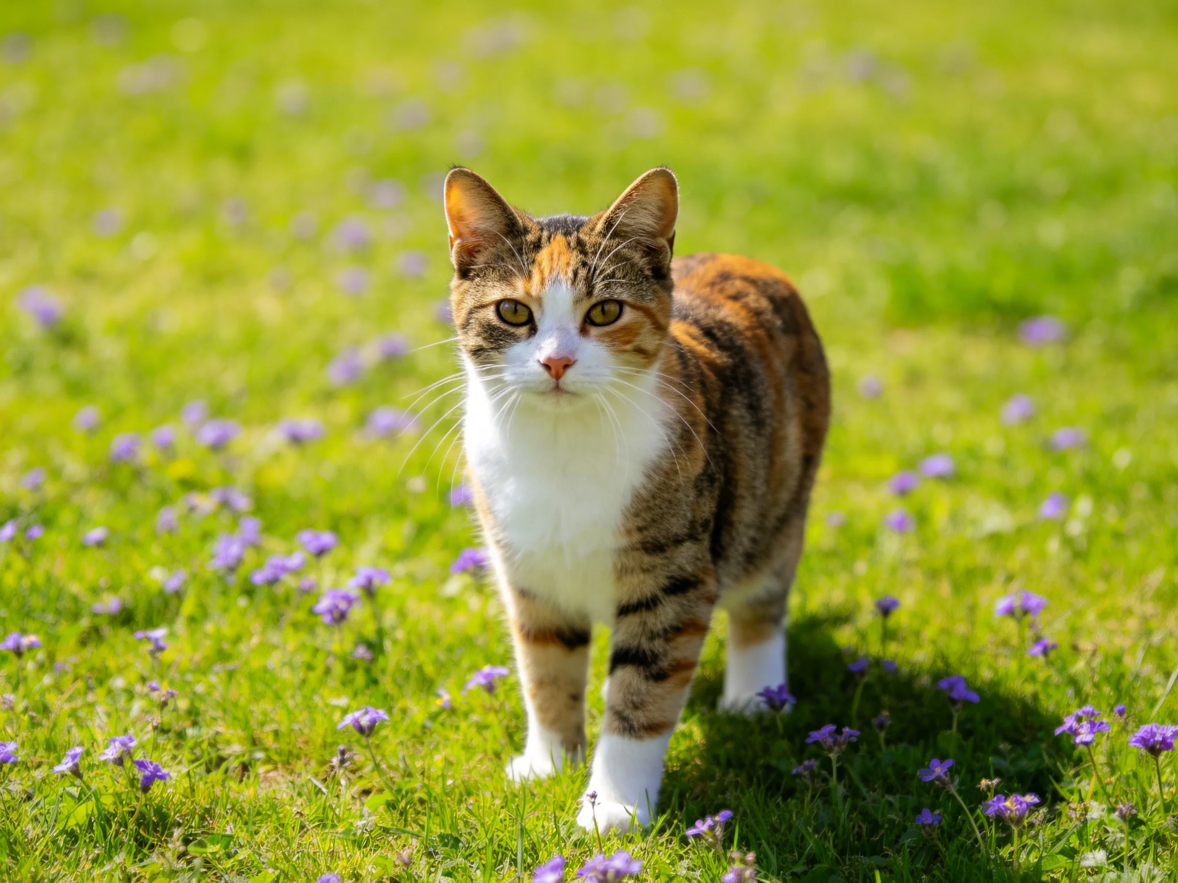 A calico cat roams a sunlit meadow with purple wildflowers.