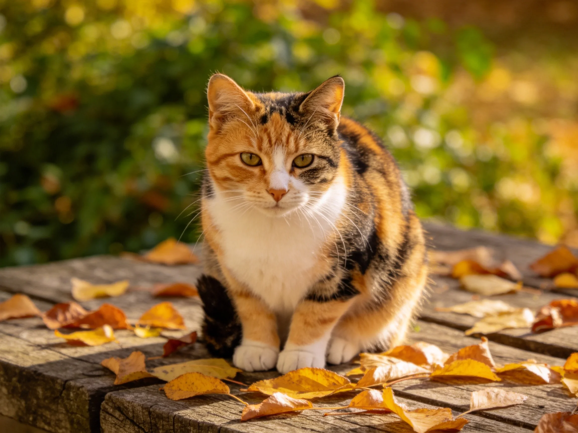 A calico cat rests on a wooden table with autumn leaves in an outdoor area.
