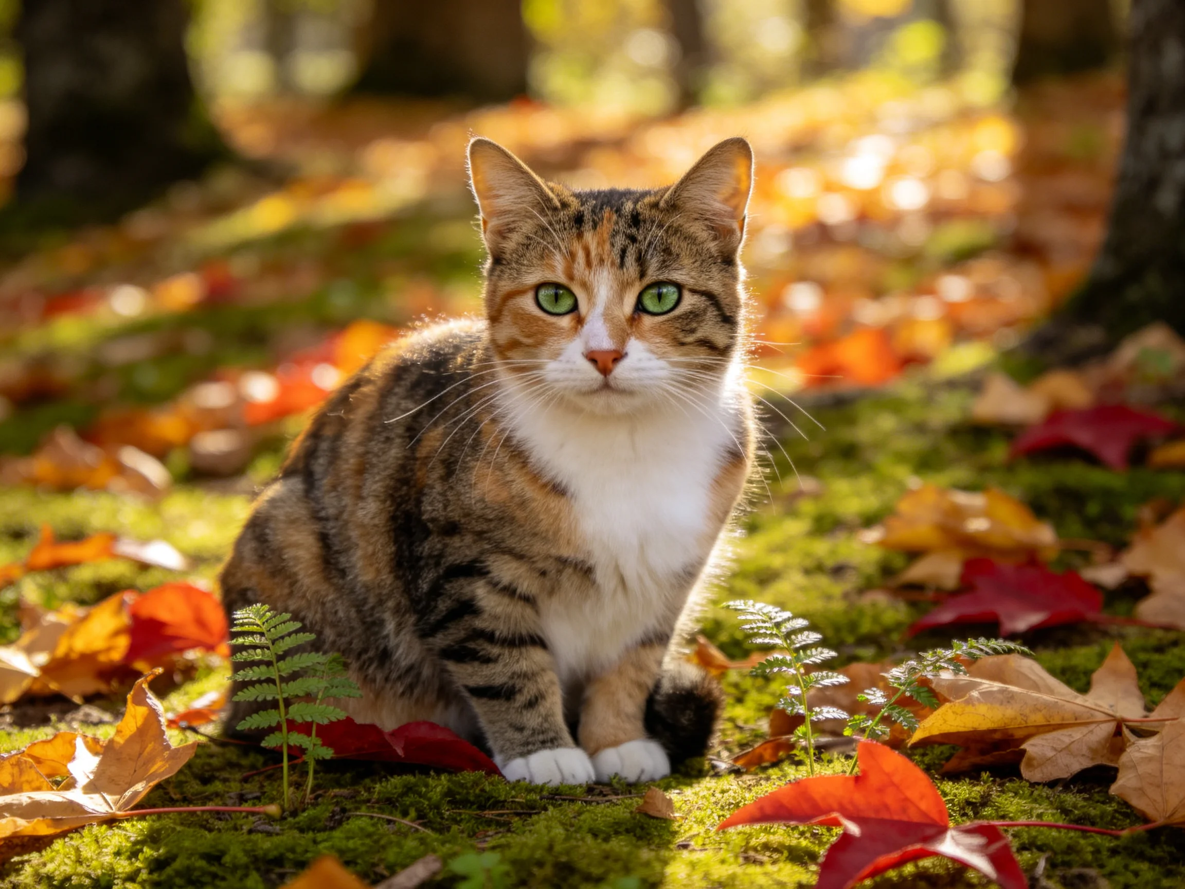 A calico cat rests among autumn leaves and moss in a sunlit outdoor setting.