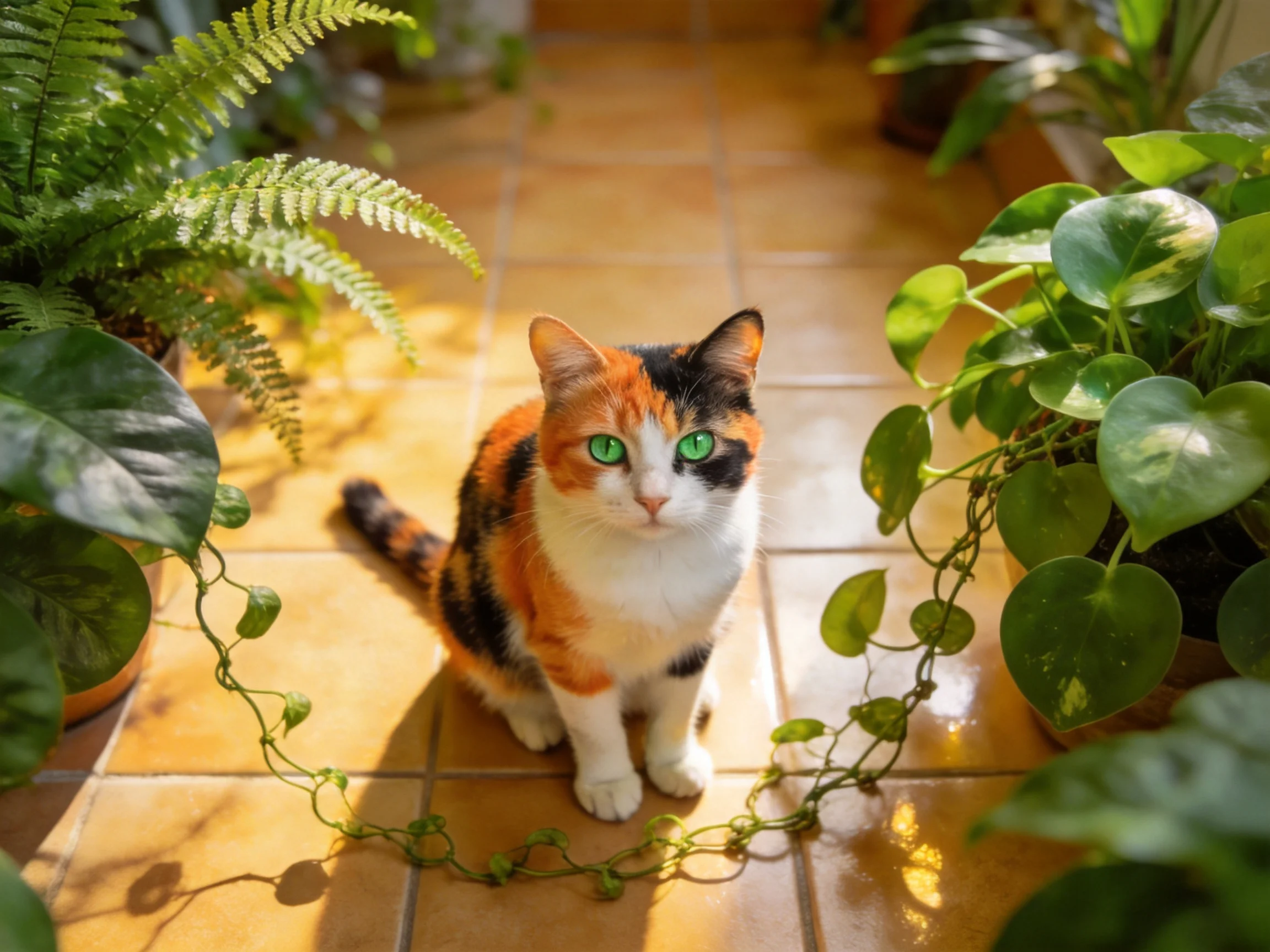 A calico cat sits among green plants on a tiled floor.