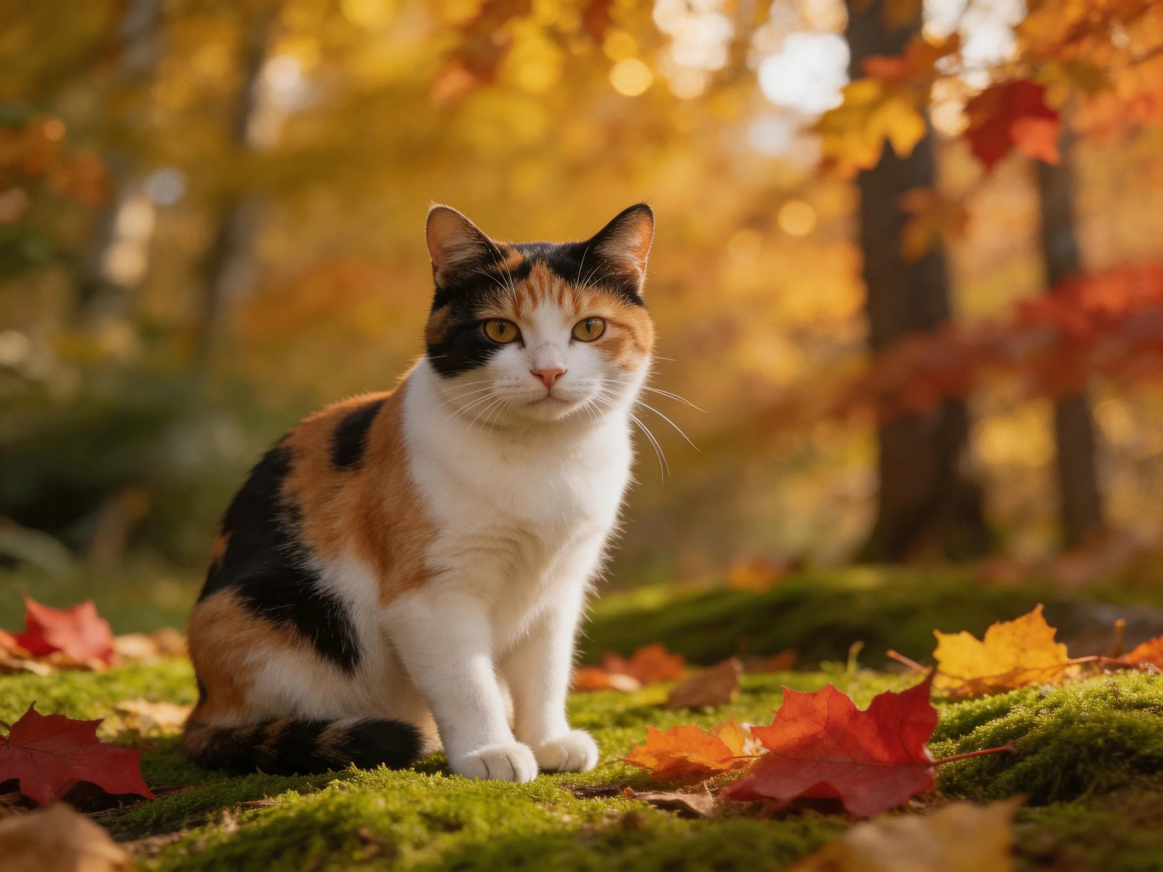 A calico cat rests among autumn foliage in a sunlit forest setting.