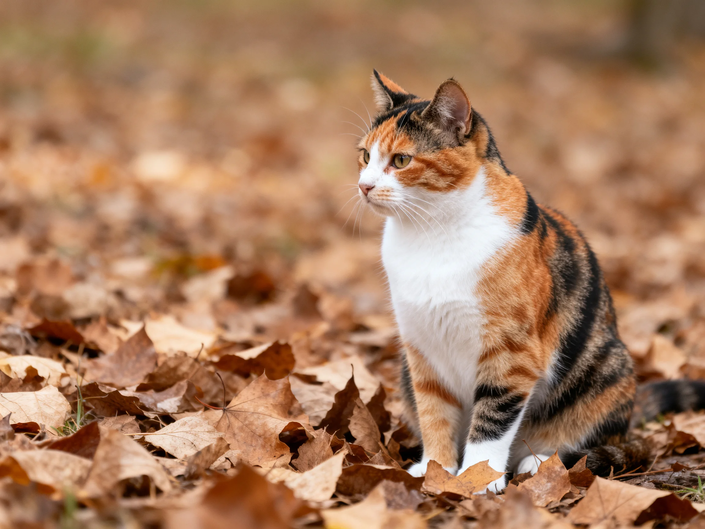 A calico cat sits on a bed of brown autumn leaves outdoors.