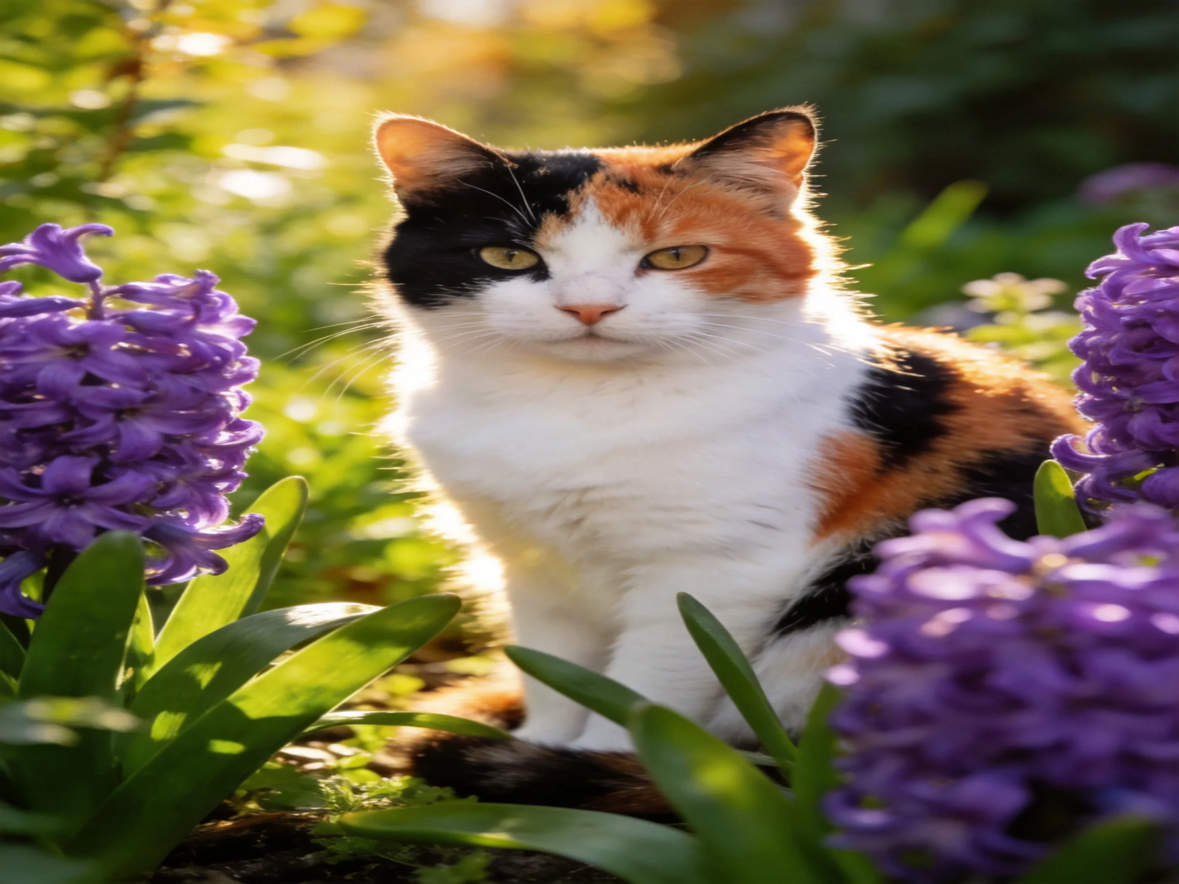 A calico cat sits among purple flowers in a sunlit garden.