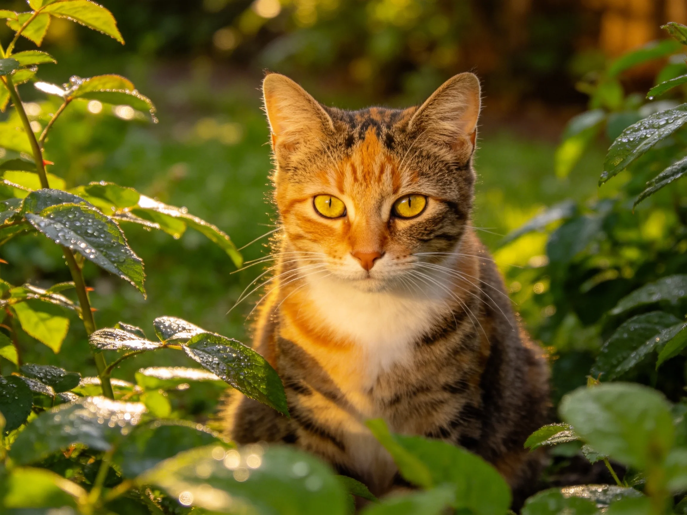 A calico cat sits among dewy green foliage in golden sunlight