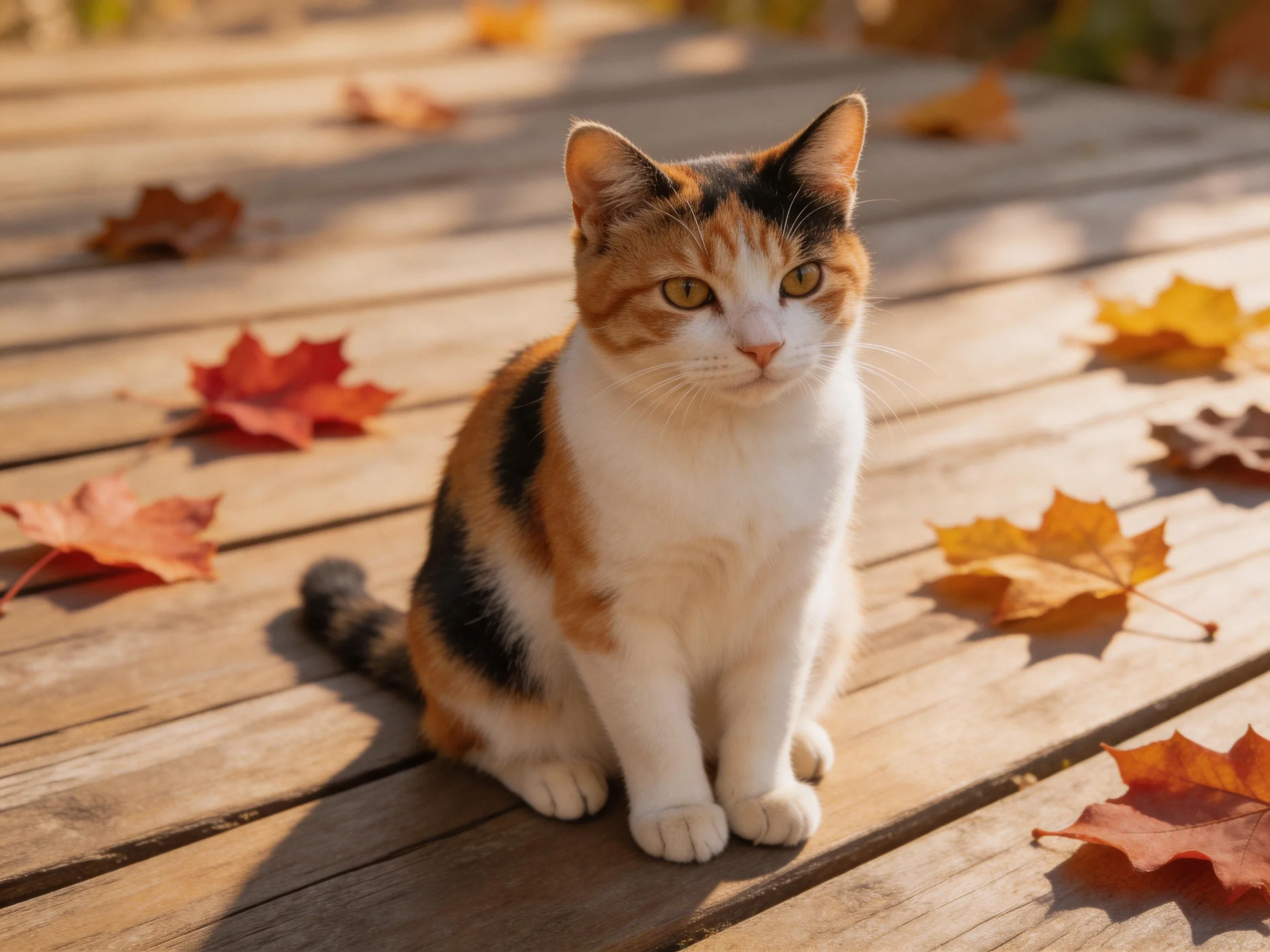 A calico cat sits among scattered autumn leaves on wooden planks