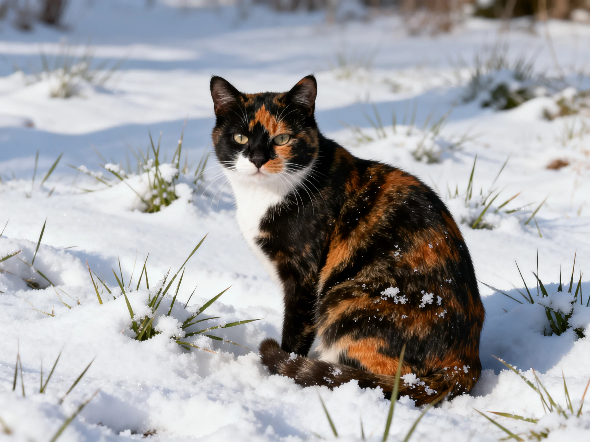 A calico cat sits among snowy ground with patches of green grass