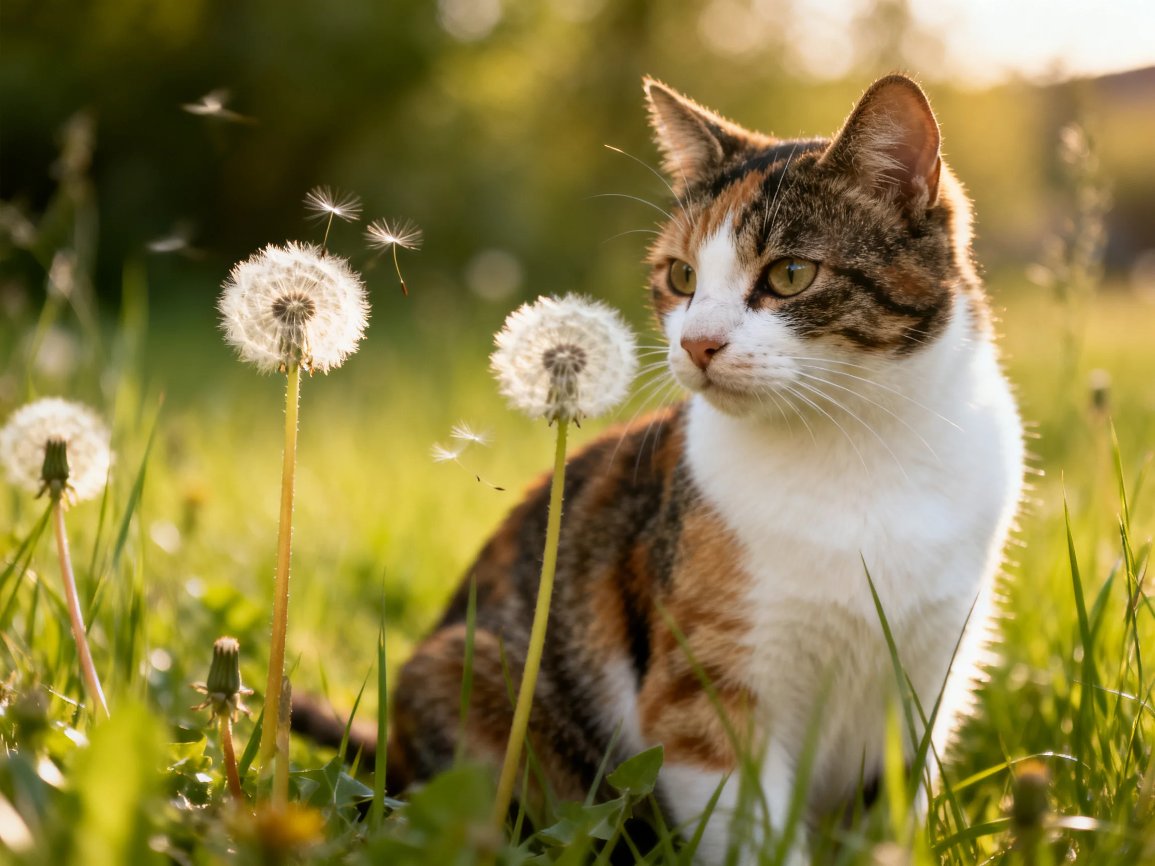 A calico cat rests near dandelions in a sunlit meadow.