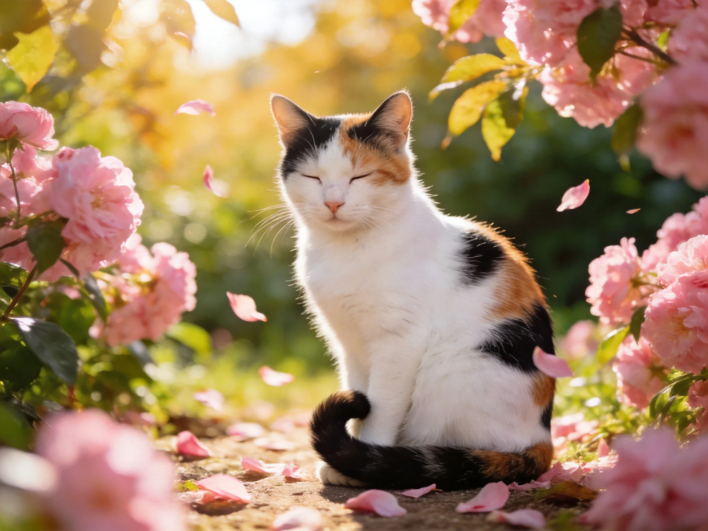 A calico cat relaxes among blooming pink roses in a sunlit garden