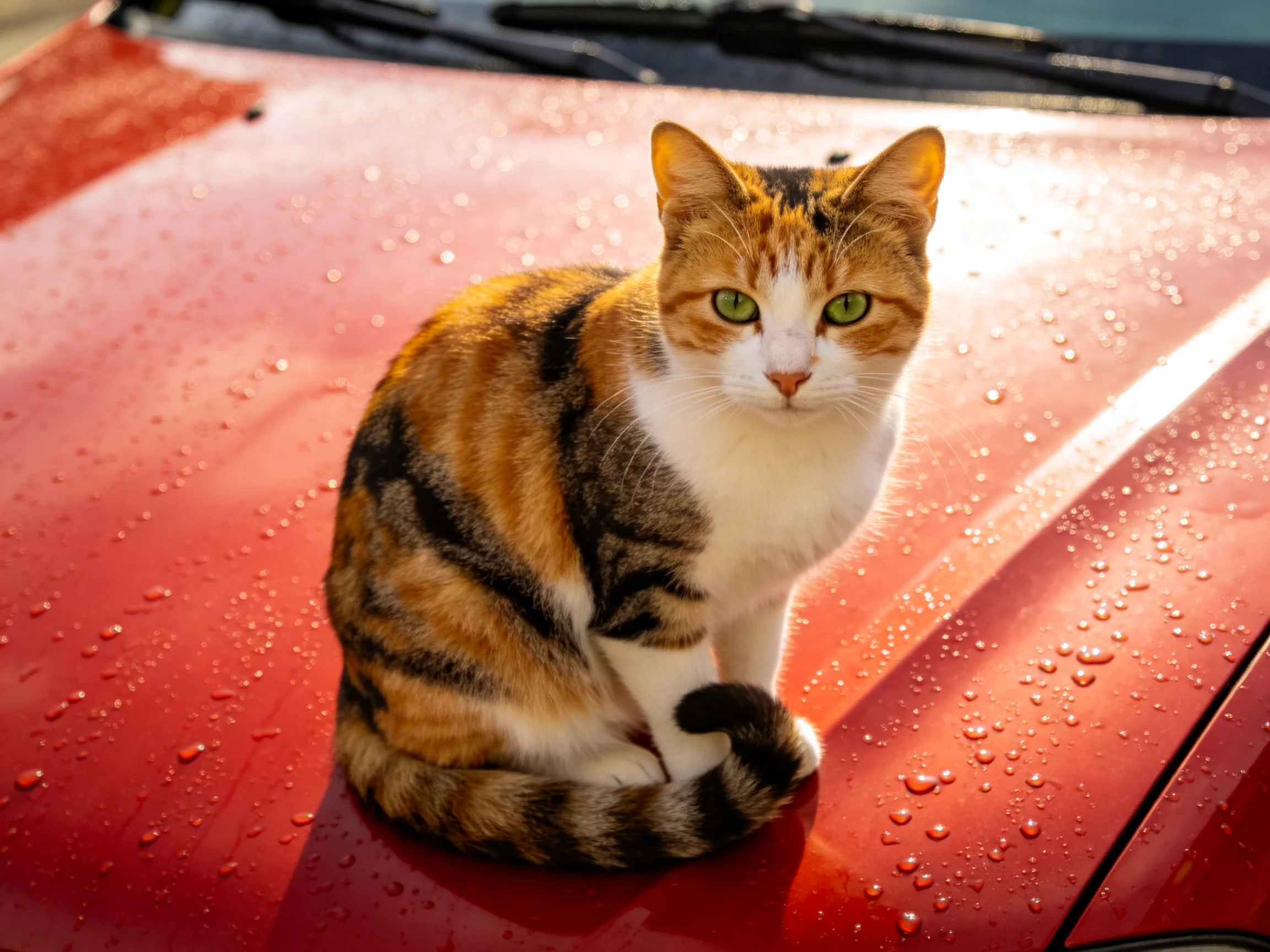 A calico cat sits atop a red car hood with water droplets